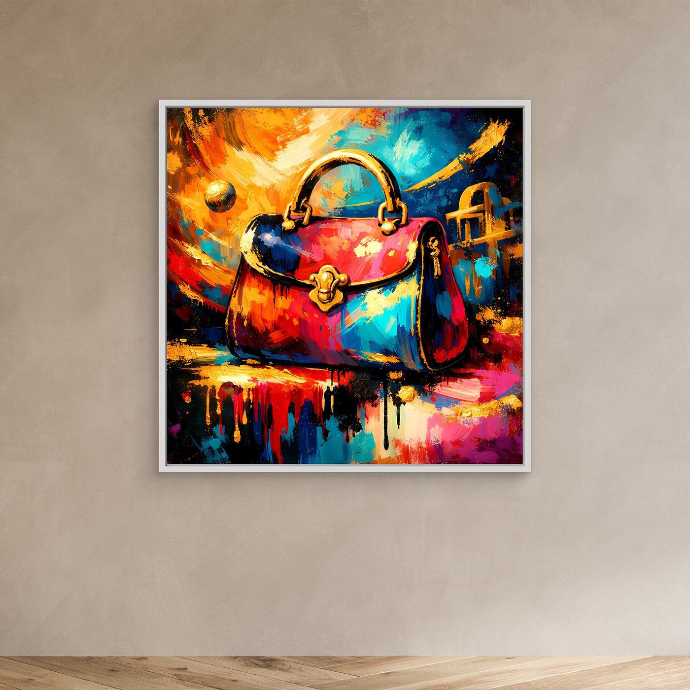 Leinwandbild mit abstrakter Handtasche in kräftigen Farben, goldenen Griffen, im weißen Rahmen