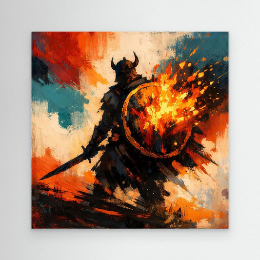 Wikinger-Wandbild mit brennendem Schild: abstrakter Krieger in Rot/Orange/Blau, ohne Rahmen