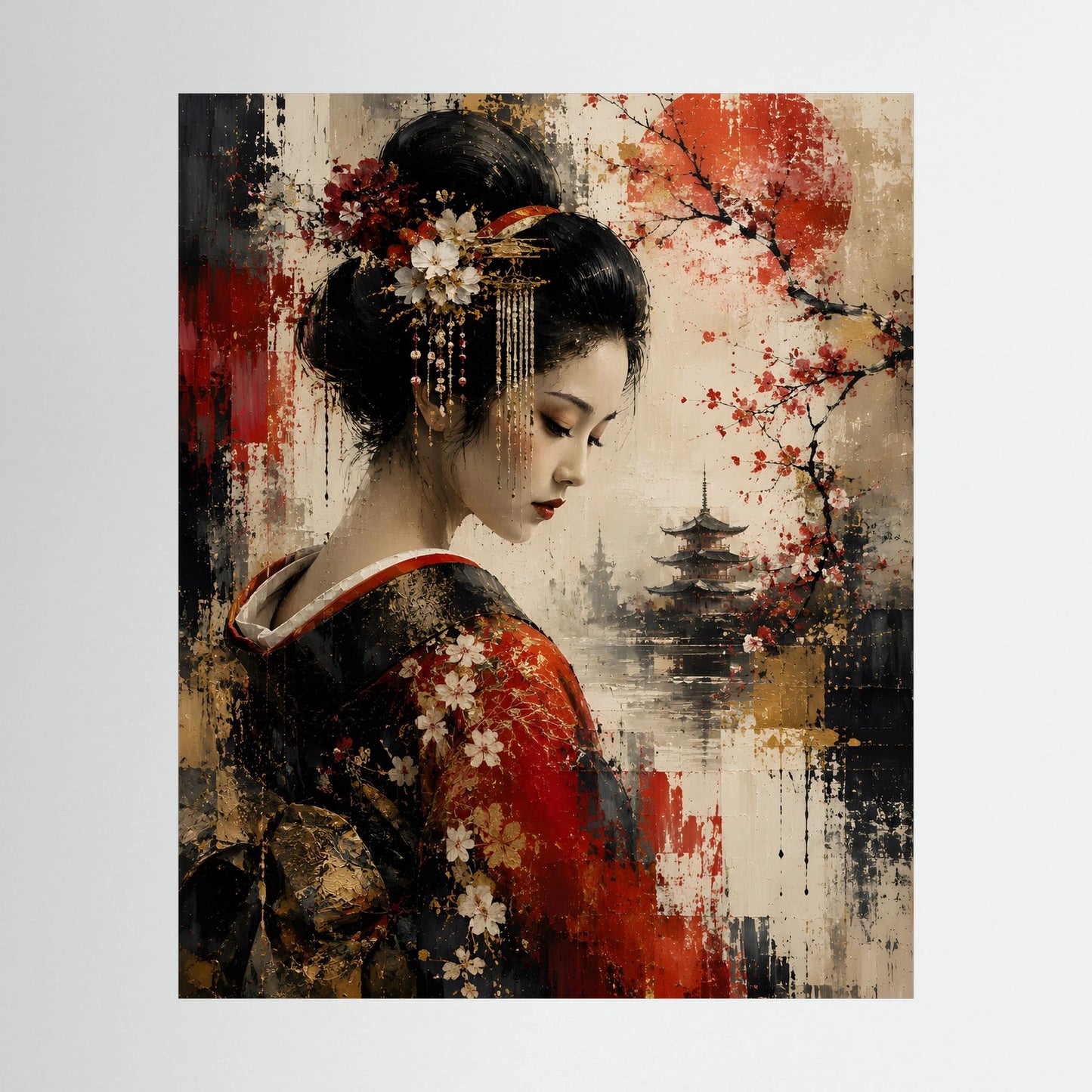 Kunstposter im Hochformat: Geisha mit rotem Kimono, Kirschblüten und Pagode, abstrakt