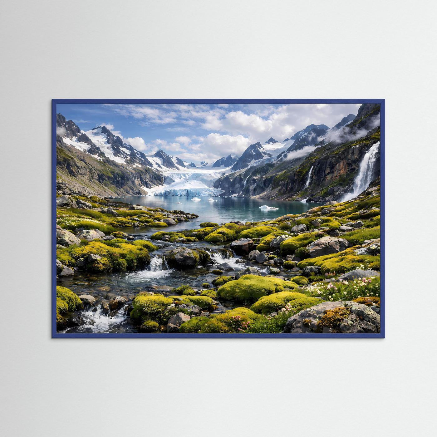 Naturposter mit Gletschersee und Wasserfall in Berglandschaft, blauer Rahmen
