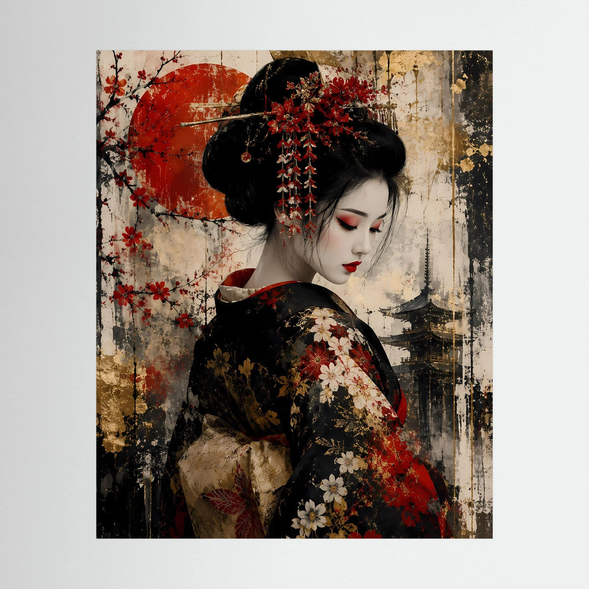 Hochformat-Poster mit Porträt einer Frau in schwarzem Kimono und roten Akzenten