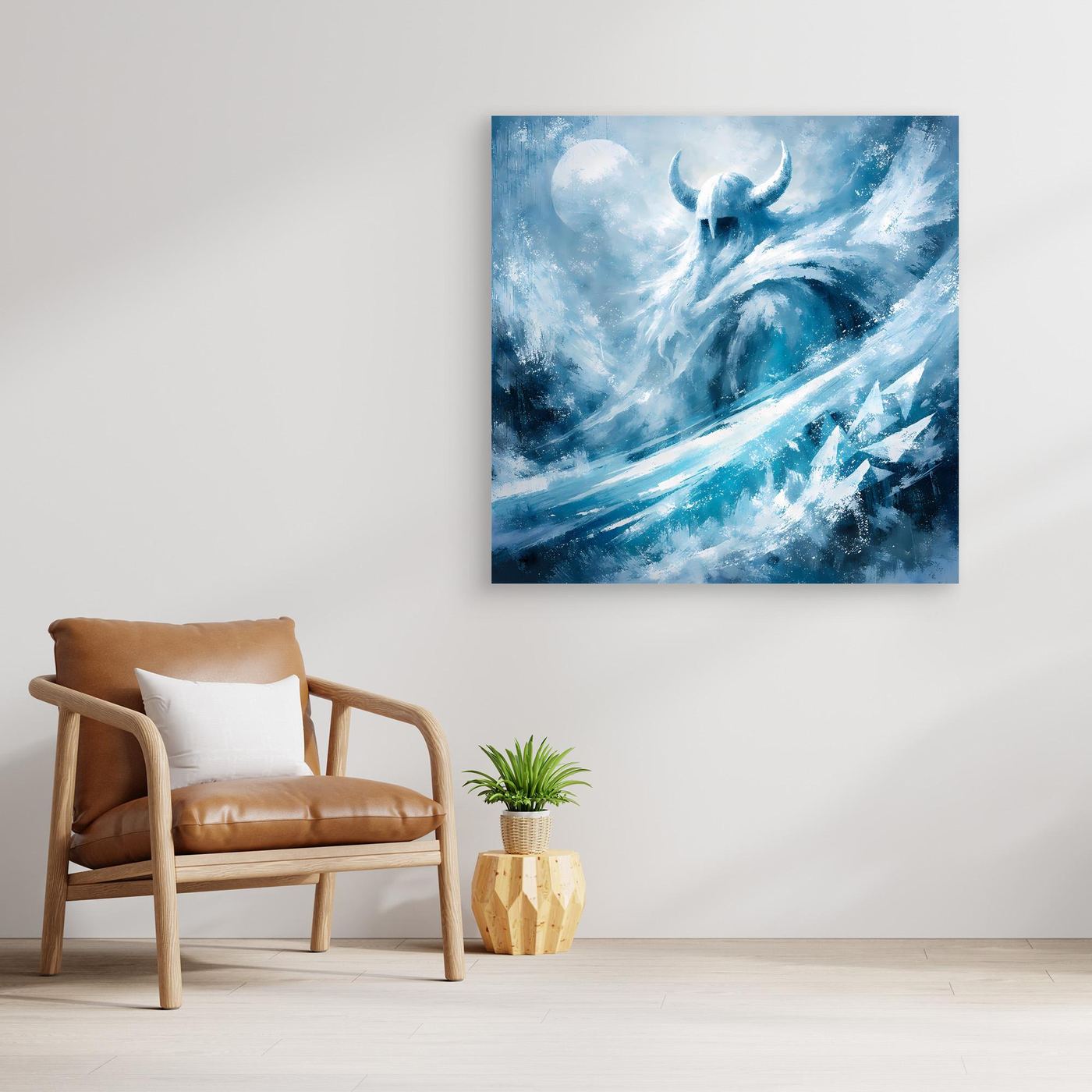 Leinwandbild mit Eiswikinger-Motiv, frostblau, dunkler Rahmen