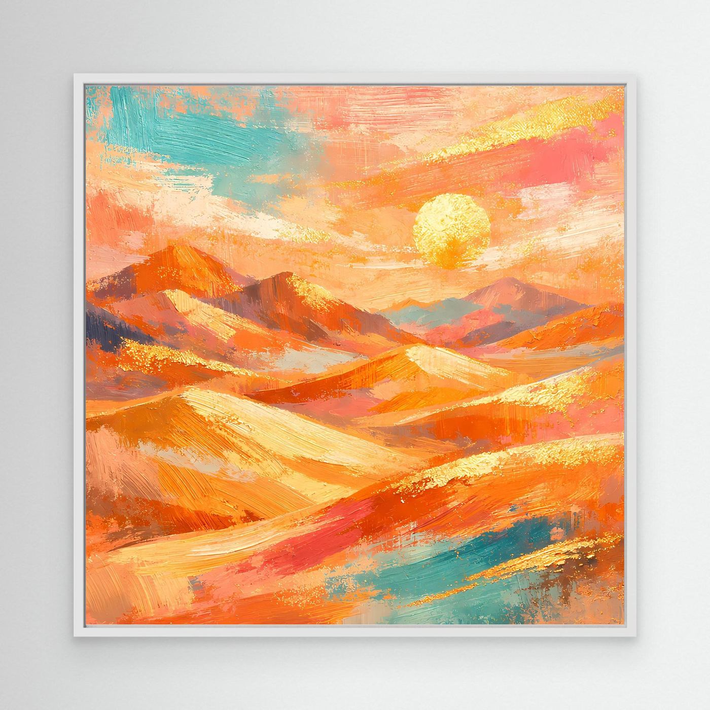 Leinwandbild abstrakte Wüstenlandschaft mit Sonne und Bergzügen, weiß gerahmt