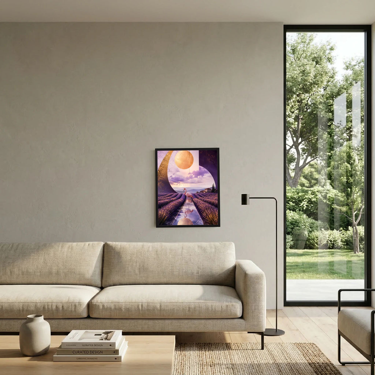 Gerahmtes Kunstposter an der Wand: surreale Lavendelallee mit Flamingos und goldener Sonne