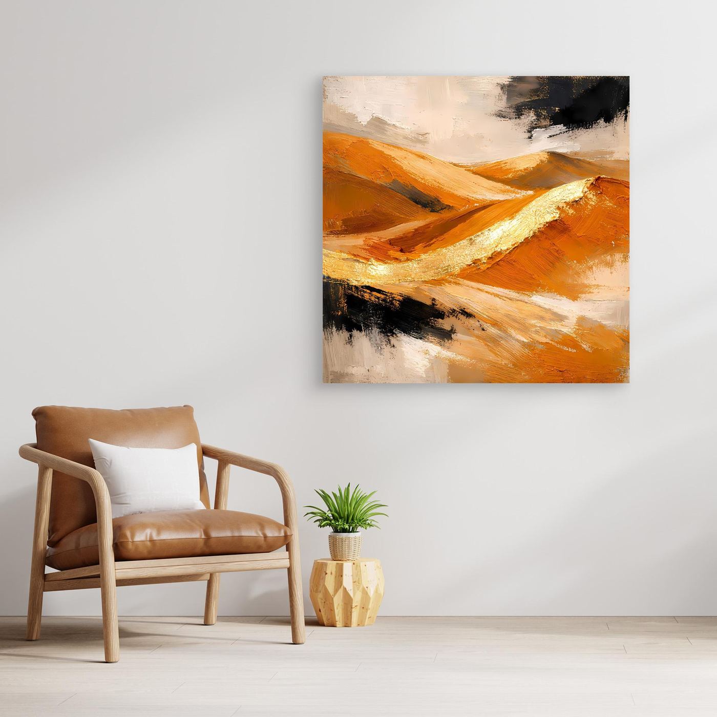 Leinwandbild mit abstrakter Dünenlandschaft, warme Gold- und Orangetöne, markante Pinseltechnik