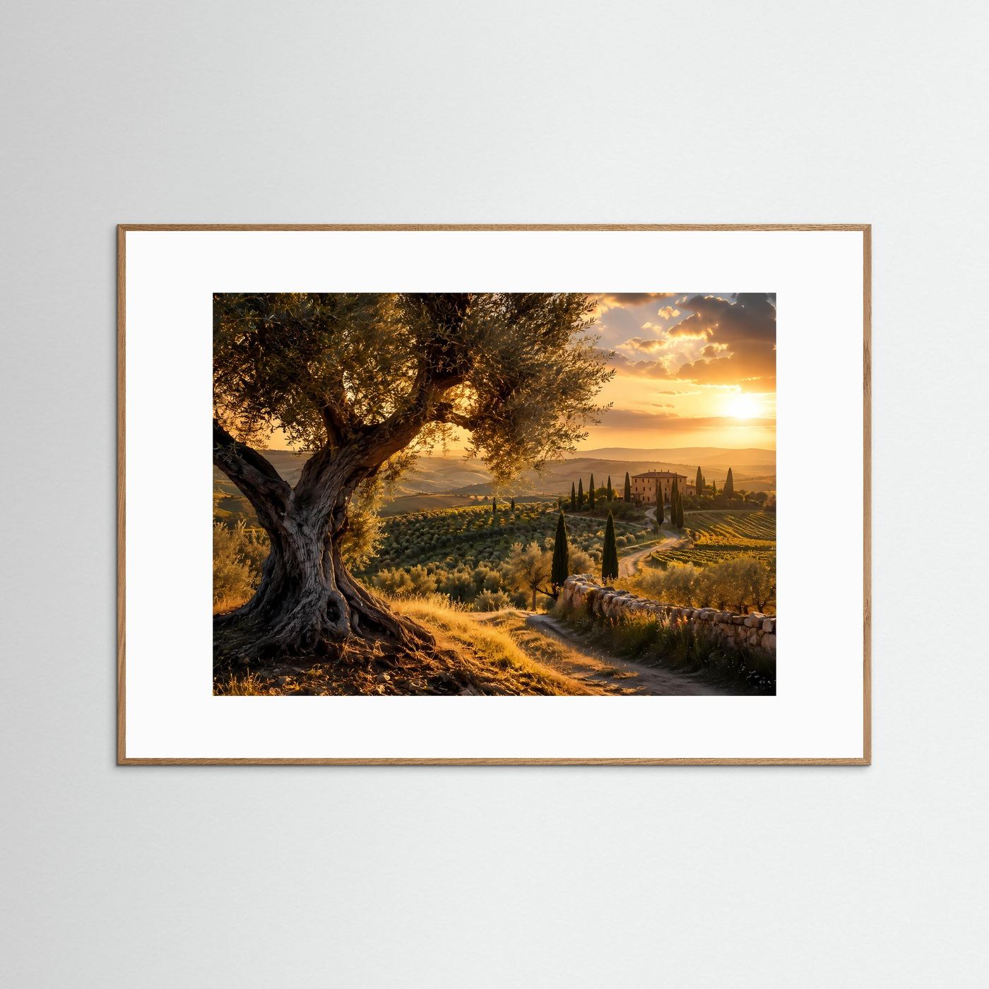 Toskana Olivenbaum Wandbild | Italien Landschaft Poster | Goldene Abendsonne Leinwand | Mediterrane Natur | Elegante Wall Art | Toscana Dekoration