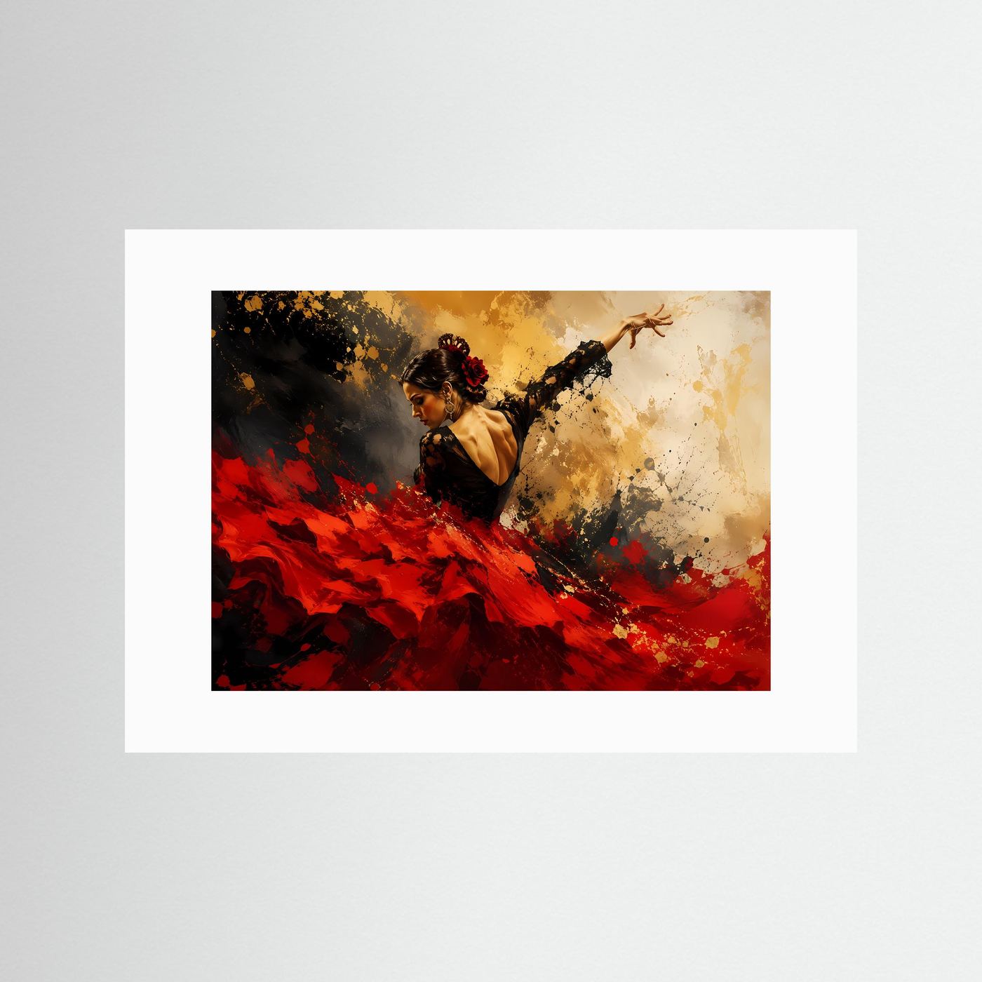 Leidenschaftliche Flamenco-Tänzerin in Rot & Gold | Modernes Abstraktes Tanz Poster Querformat