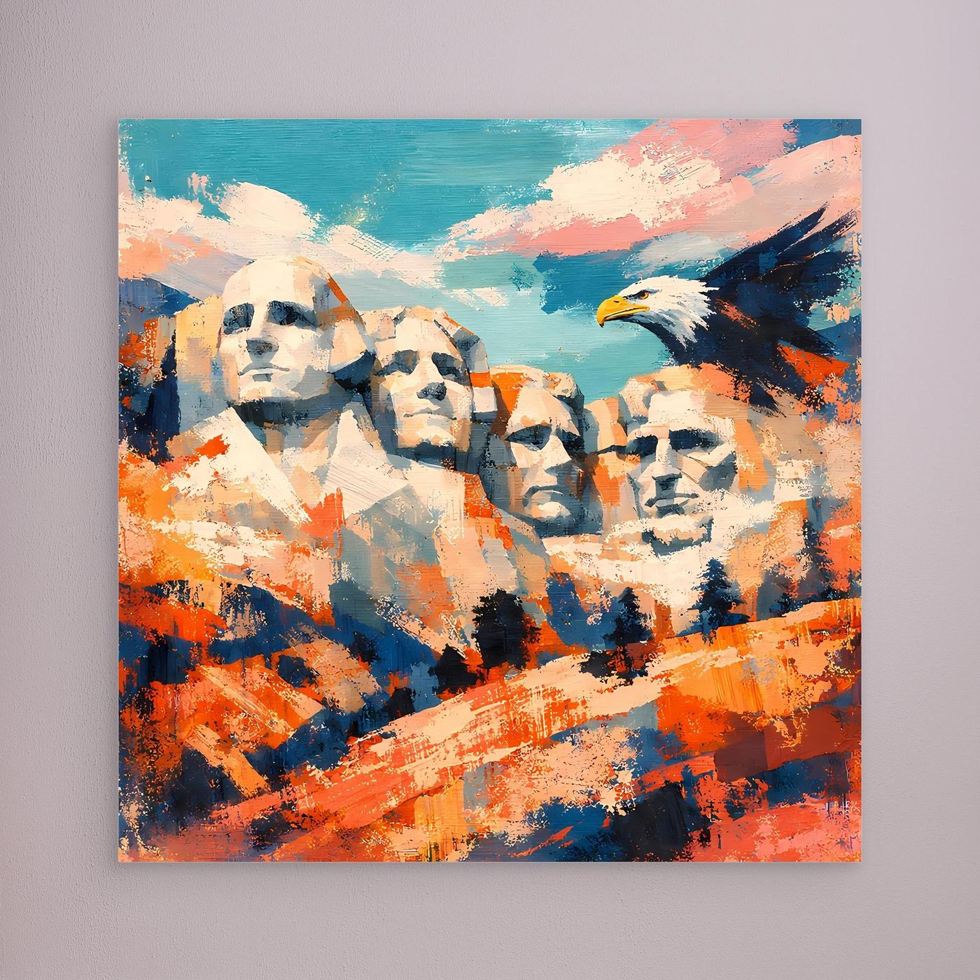 Abstraktes Leinwand-Wandbild mit Mount-Rushmore-Gesichtern und Adler, ohne Rahmen