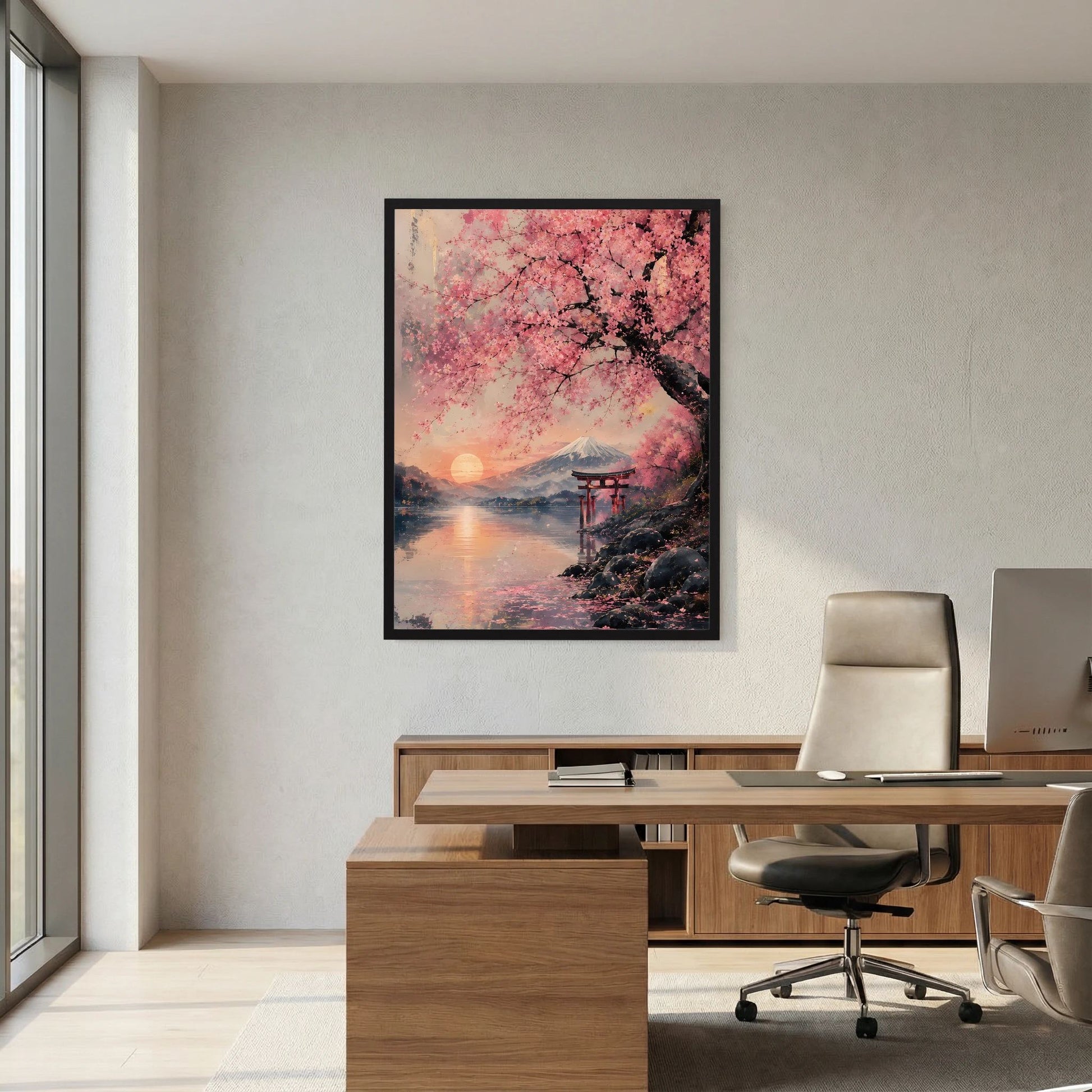 Hochformatiges Poster im schwarzen Rahmen mit Sakura-Blüten, See, Lichtkreis und Torii