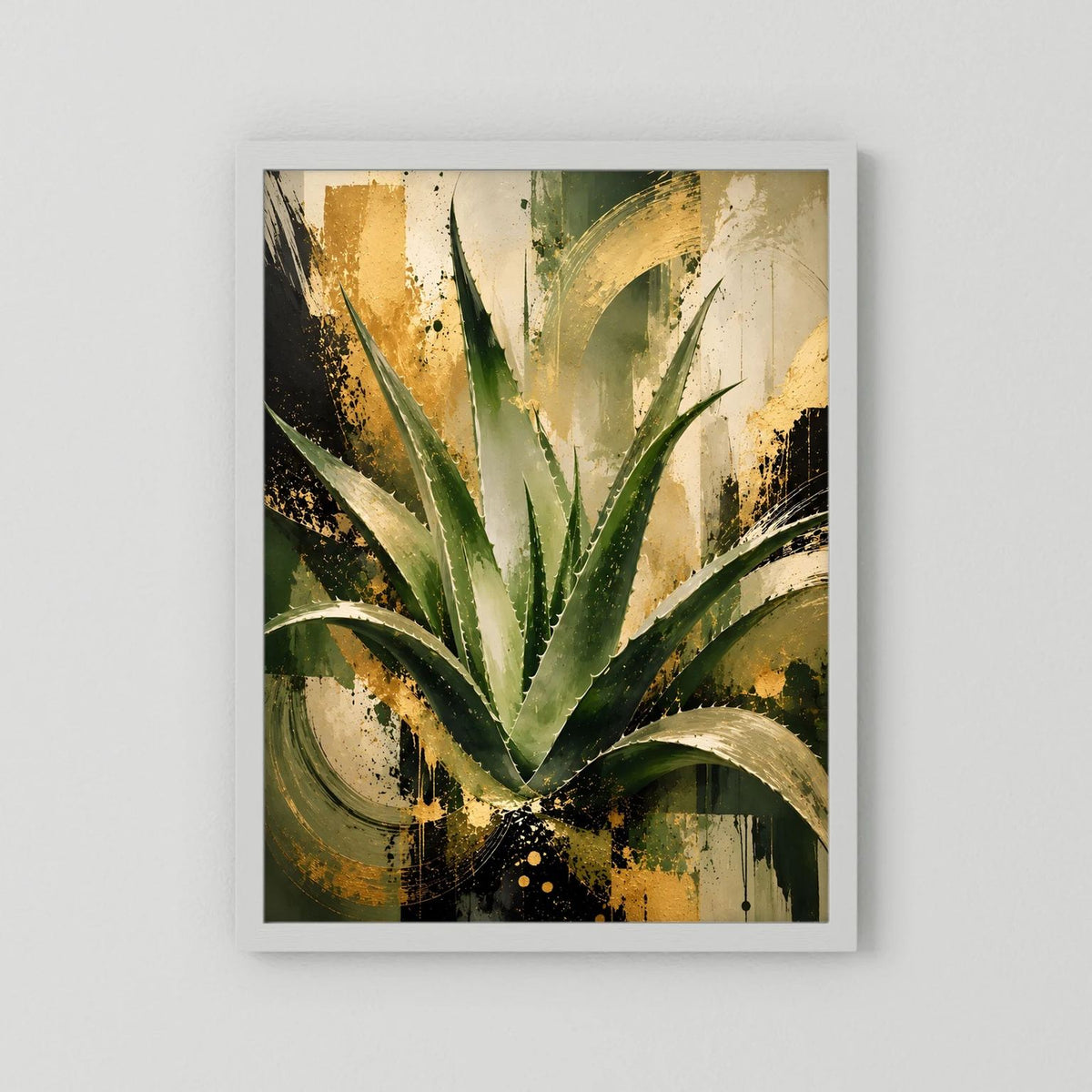 Abstraktes Aloe-Vera-Wandposter, grün-goldene Pflanze im weißen Rahmen