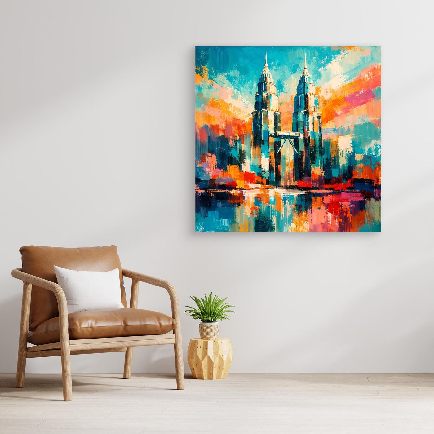 Abstraktes Leinwand-Wandbild ohne Rahmen, Hochhaustürme in Blau, Orange und Rot