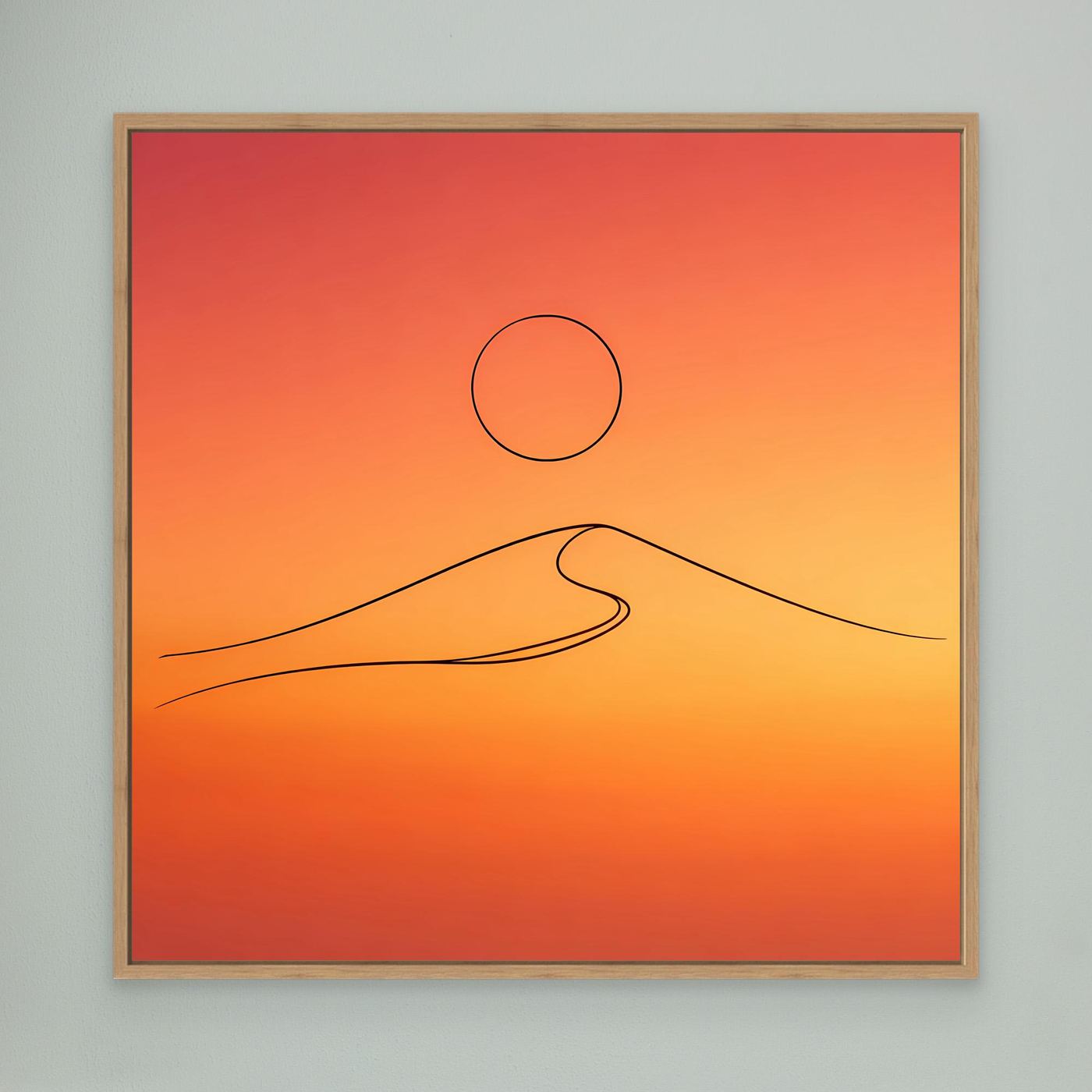 Leinwandbild mit minimalistischer Wüstendüne: Kreis-Sonne und Linien, im Eichenrahmen