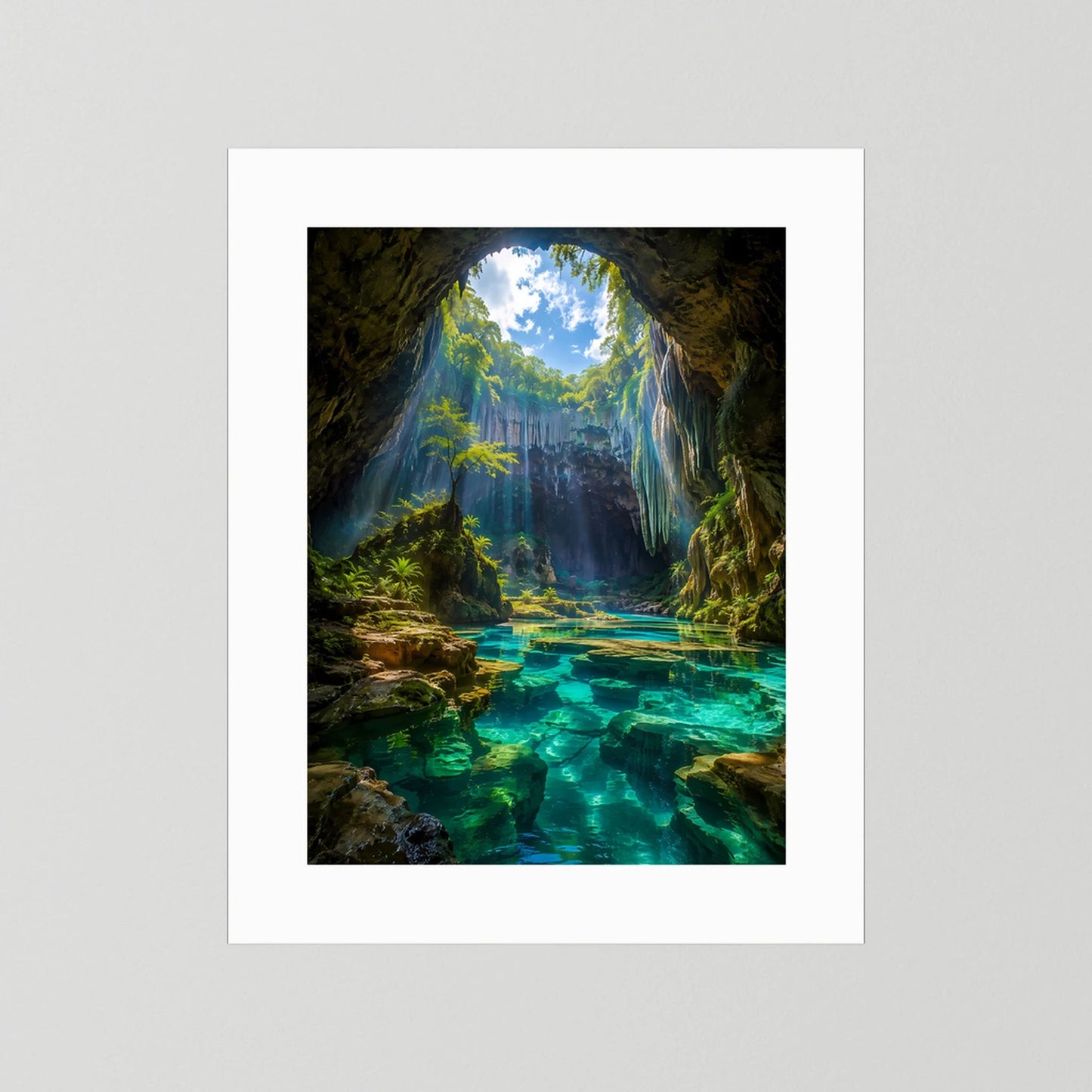 Verborgene Höhle mit türkisblauem Wasser | Mystische Natur-Oase im Sonnenlicht | Poster Hochformat