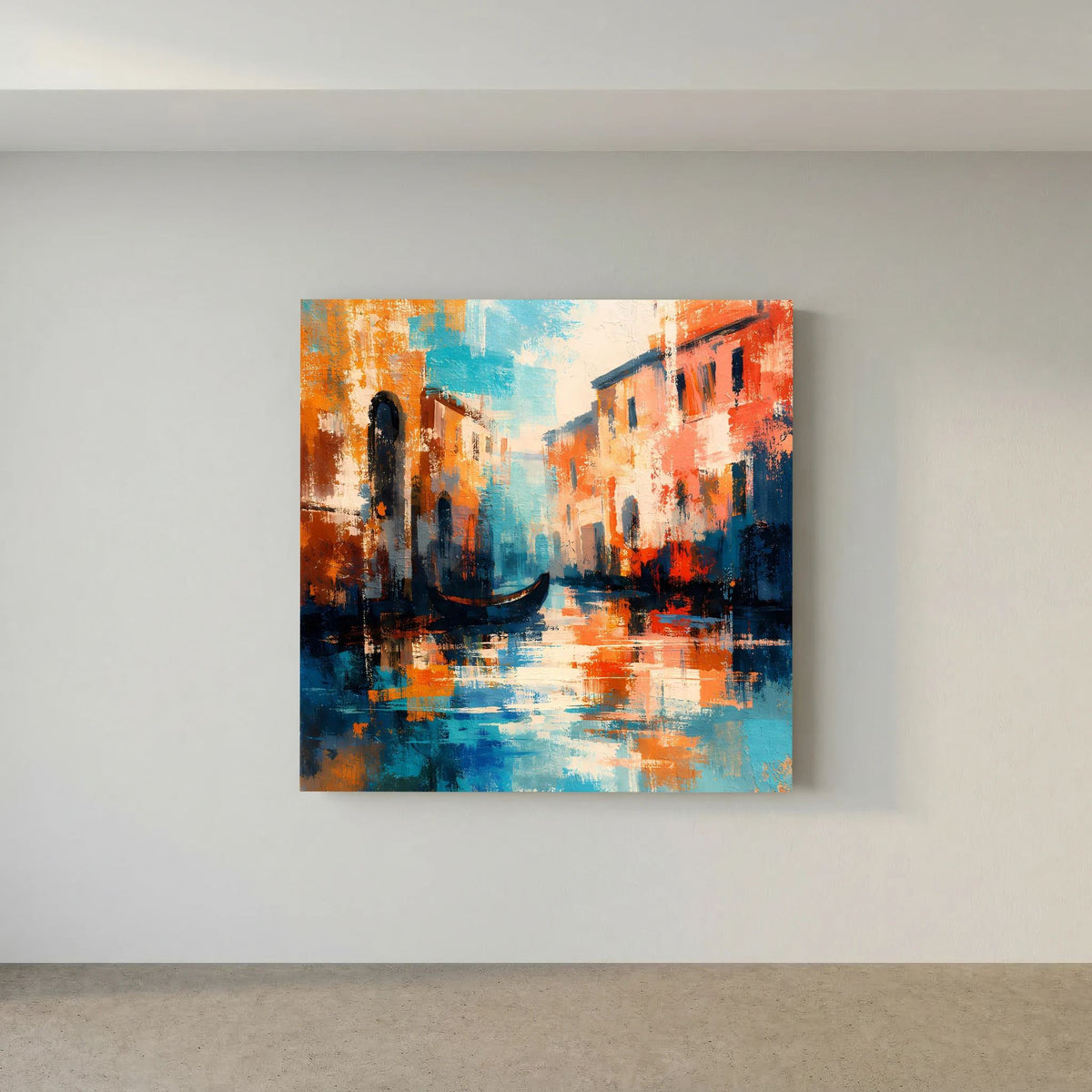 Abstraktes Leinwand-Wandbild mit Gondel und Häusern am Kanal, orange-blaues Farbspiel