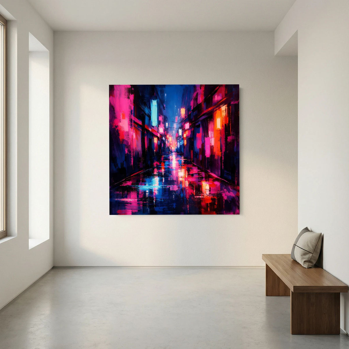 Neon-Wandbild Cyberpunk-Gasse im Regen, magenta-blau-orange, schwarzer Rahmen