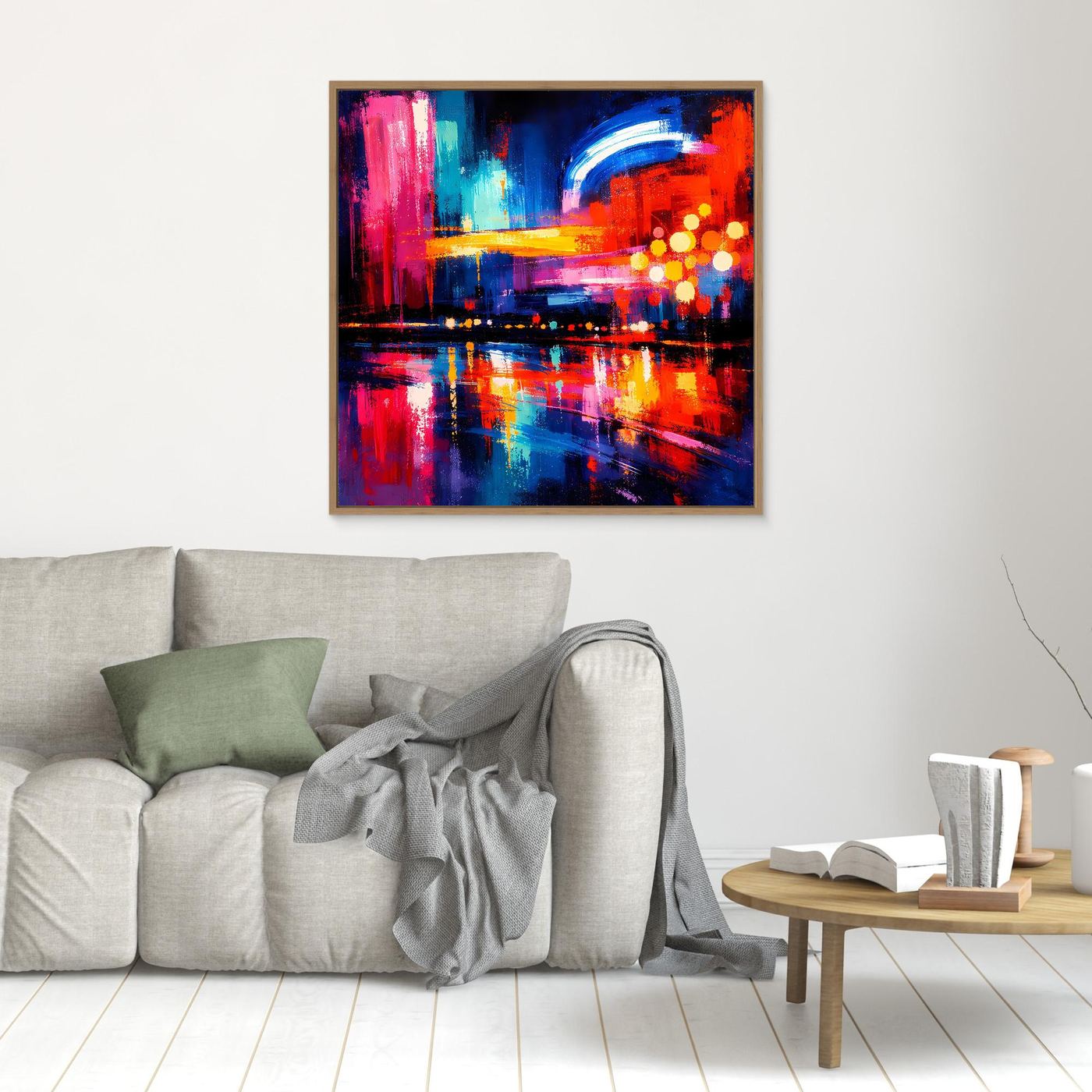 Abstraktes Leinwandbild mit Stadt-Skyline, gelb-rote Lichtpunkte, blau-roter Farbverlauf, Holzrahmen