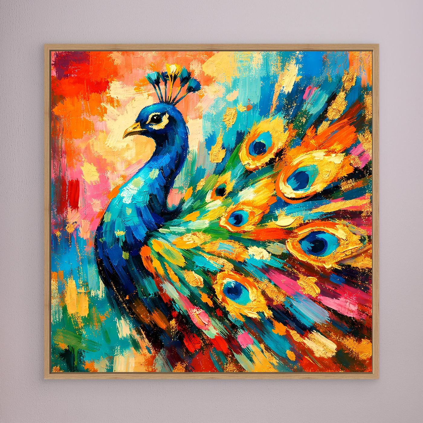 Leinwandbild mit abstraktem Pfau, leuchtende Pfauenfedern, goldbrauner Holzrahmen