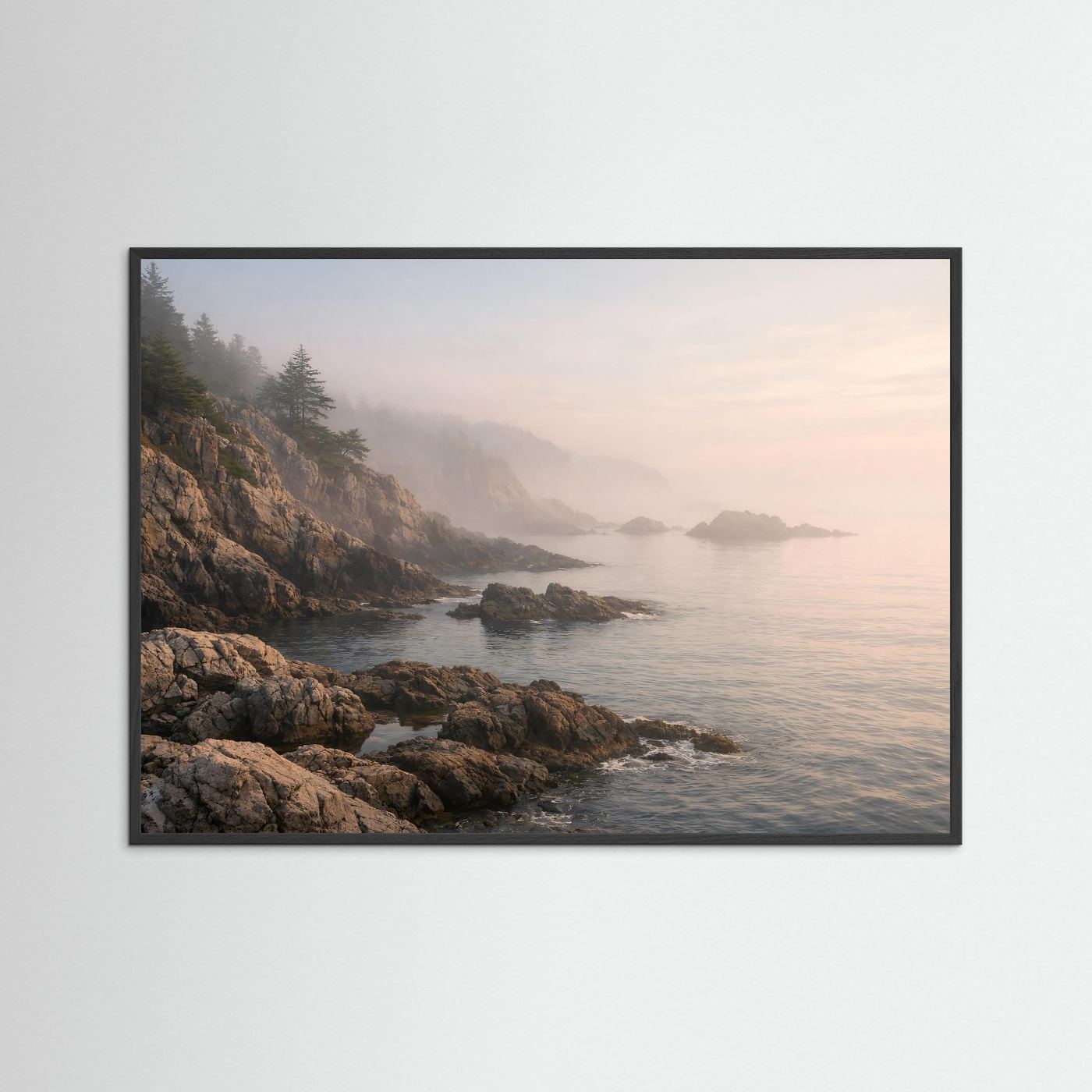 Mystische Küste im Morgennebel | Panorama Klippen & Meer Poster Querformat