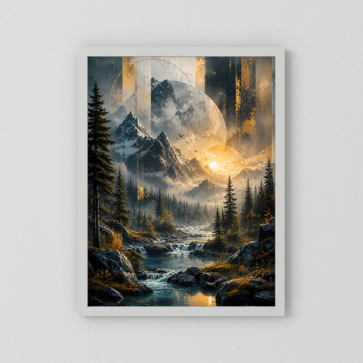 Poster Hochformat im weißen Rahmen mit Berglandschaft, Fluss und goldenem Sonnenlicht
