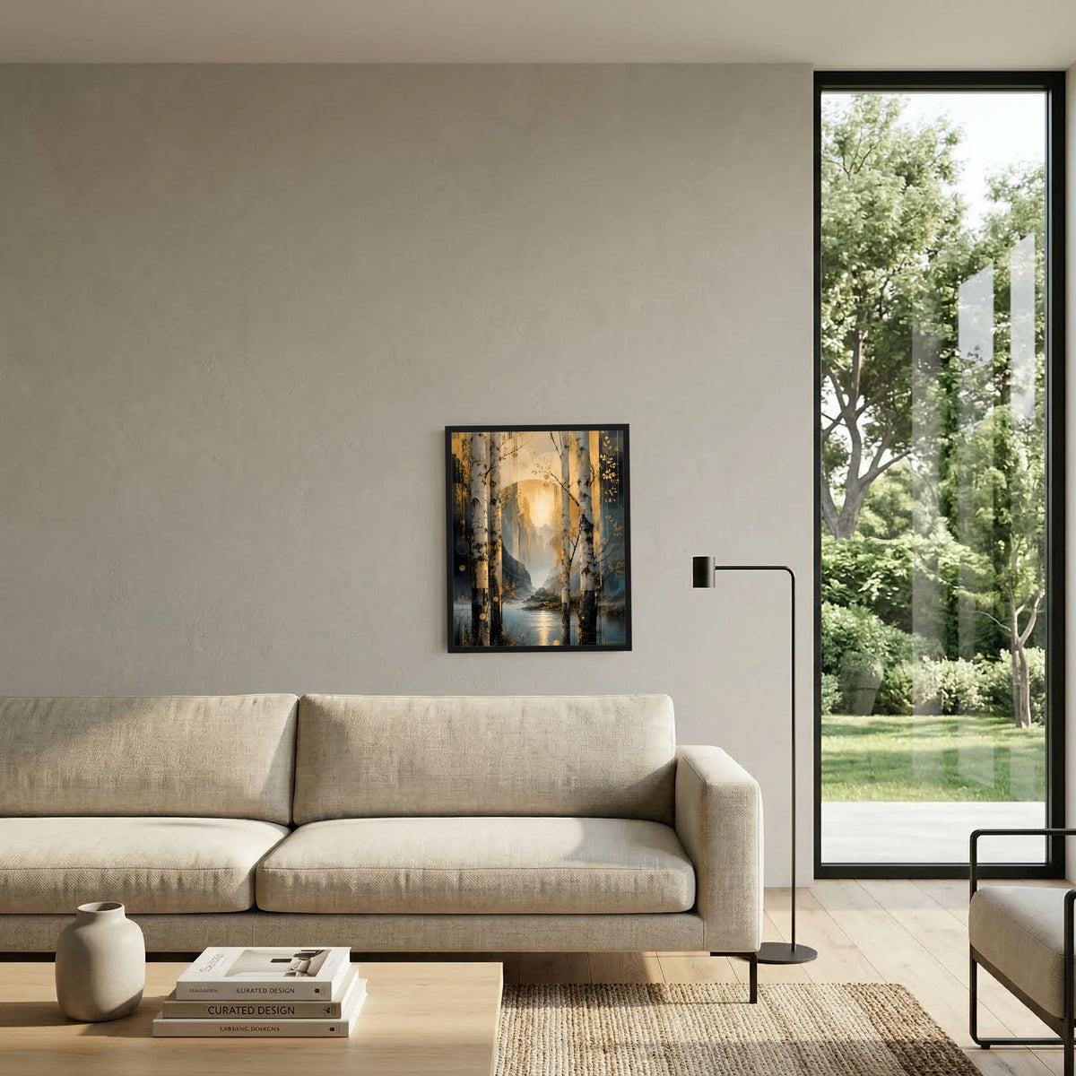 Gerahmtes Hochformat-Poster über Sofa: abstrakte Birken am See in Gold und Petrol