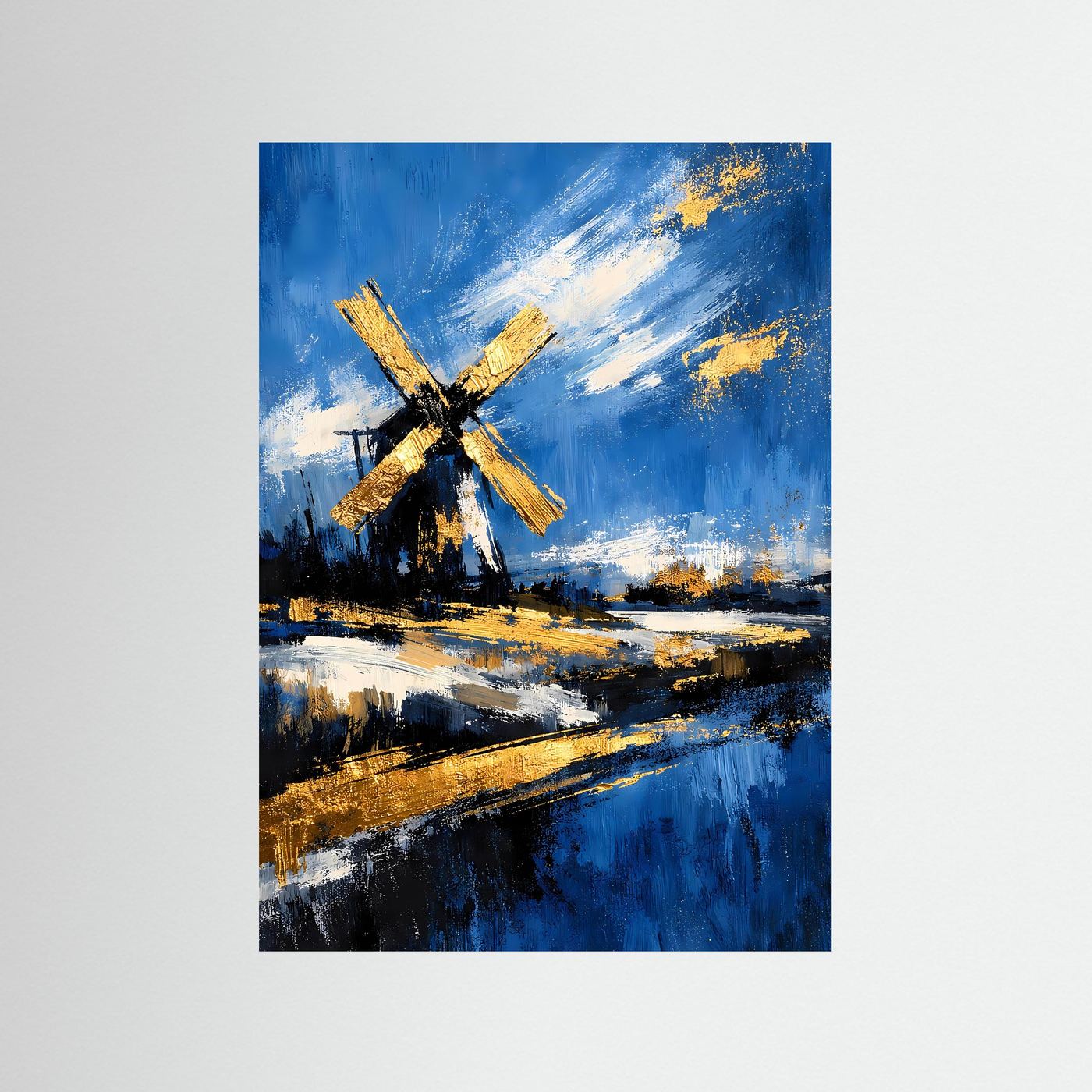 Wandkunstposter mit Windmühle in Gold auf blauem Landschaftsgemälde, Hochformat