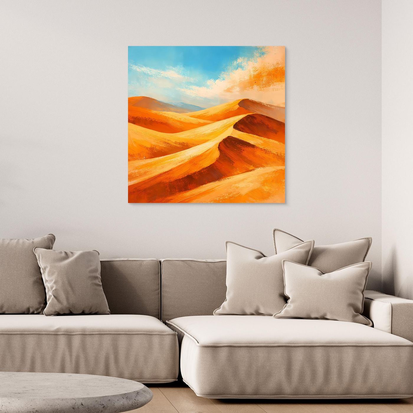 Desert landscape abstract wall art with orange dunes and blue sky, simple frame