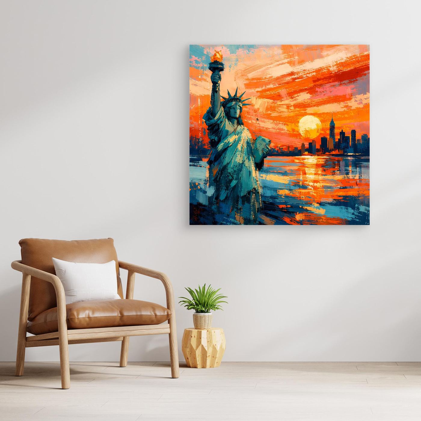 Abstraktes Leinwand-Wandbild: Statue der Freiheit bei Sonnenuntergang mit Farbflächen, mit Rahmen.