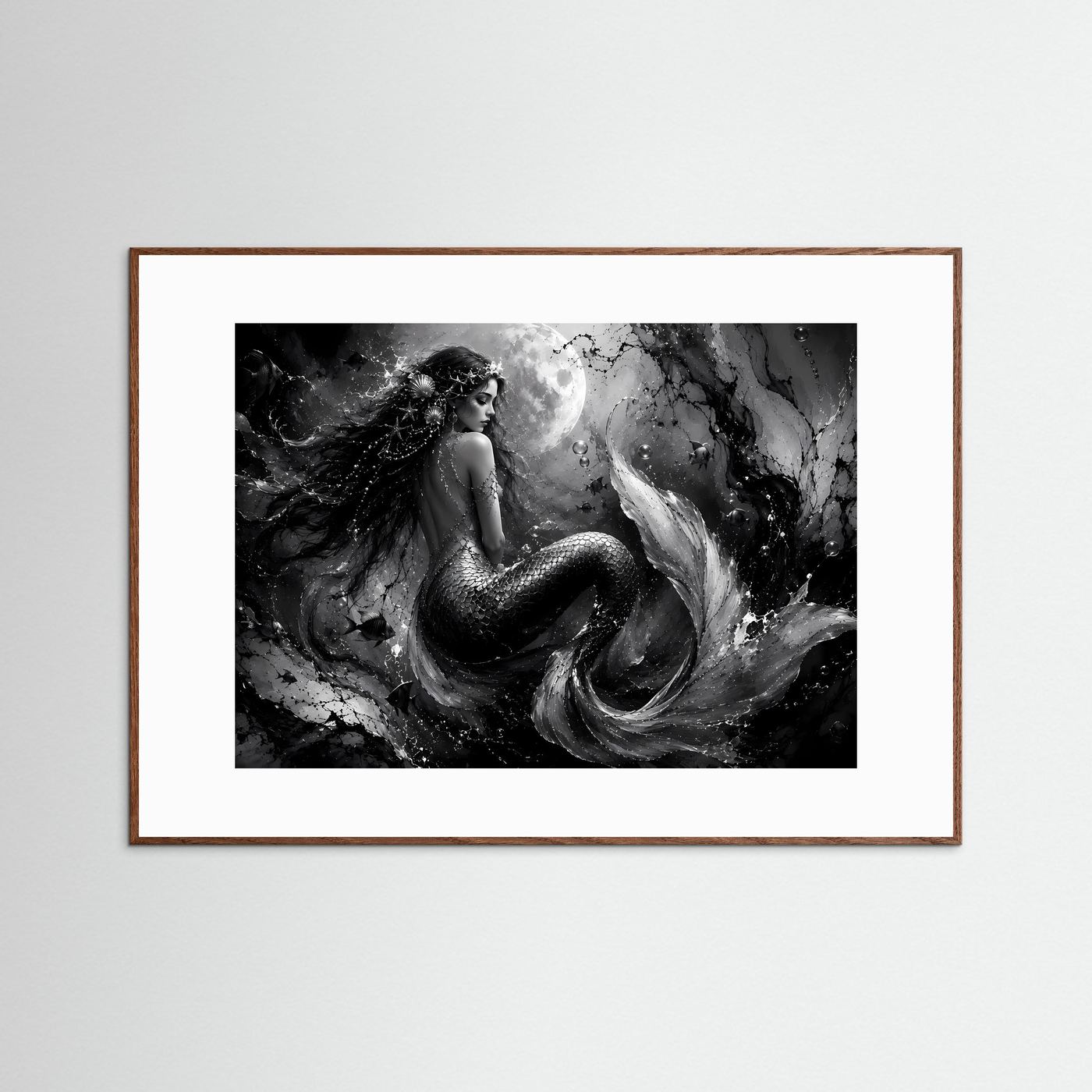 Mystische Meerjungfrau in Schwarz-Weiß | Elegantes Fantasy Poster Querformat