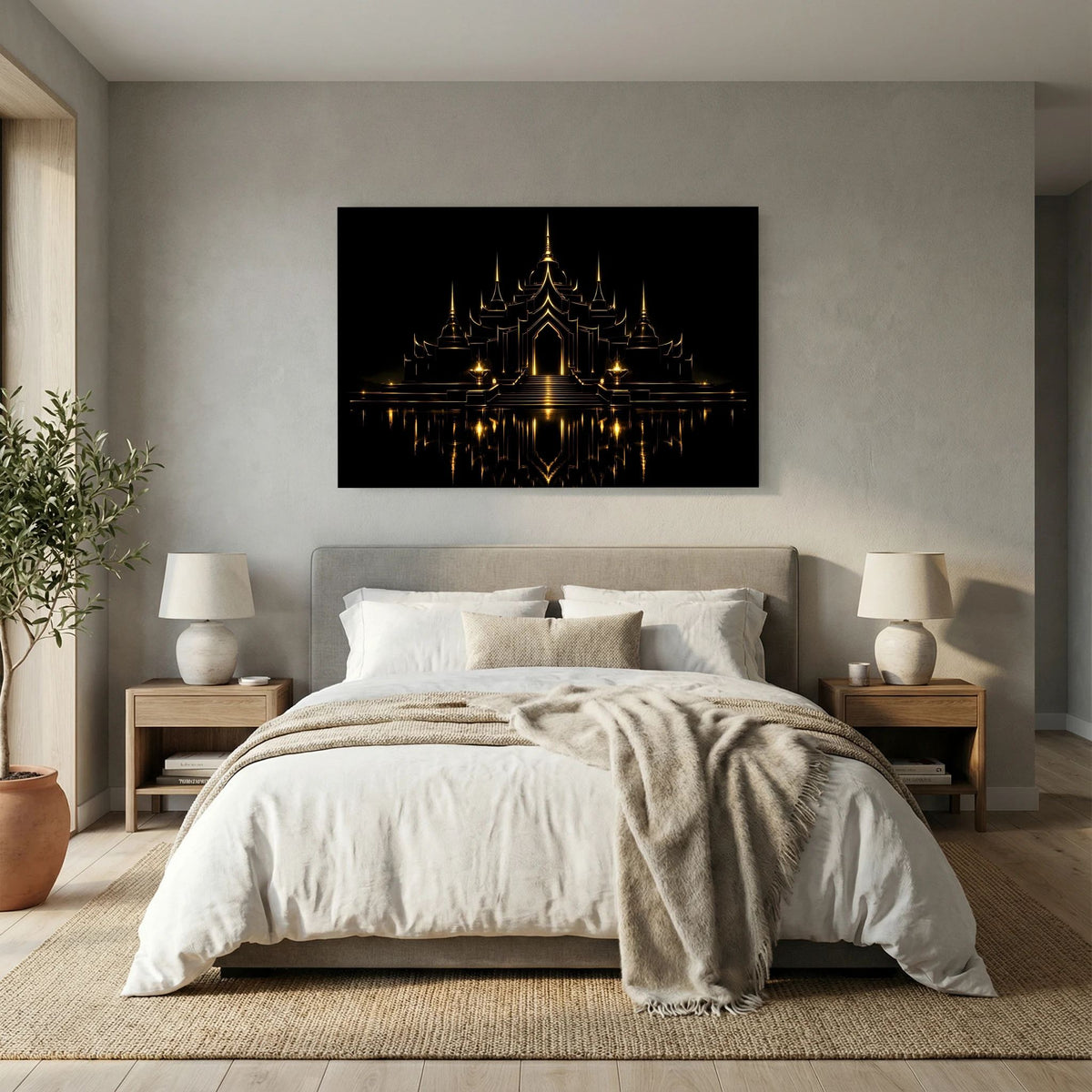 Wandbild im Querformat mit schwarzem Motiv und goldener Tempelarchitektur, symmetrisch dargestellt