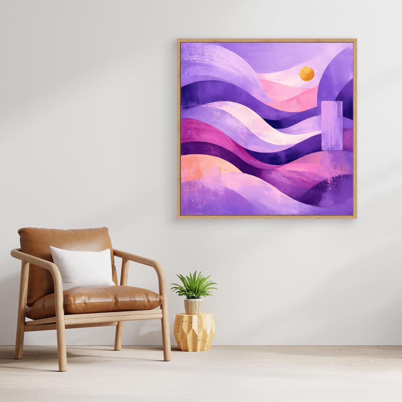 Quadratisches Leinwand-Wandbild mit Pastell-Dünen in Lila und Pink, goldener Rahmen