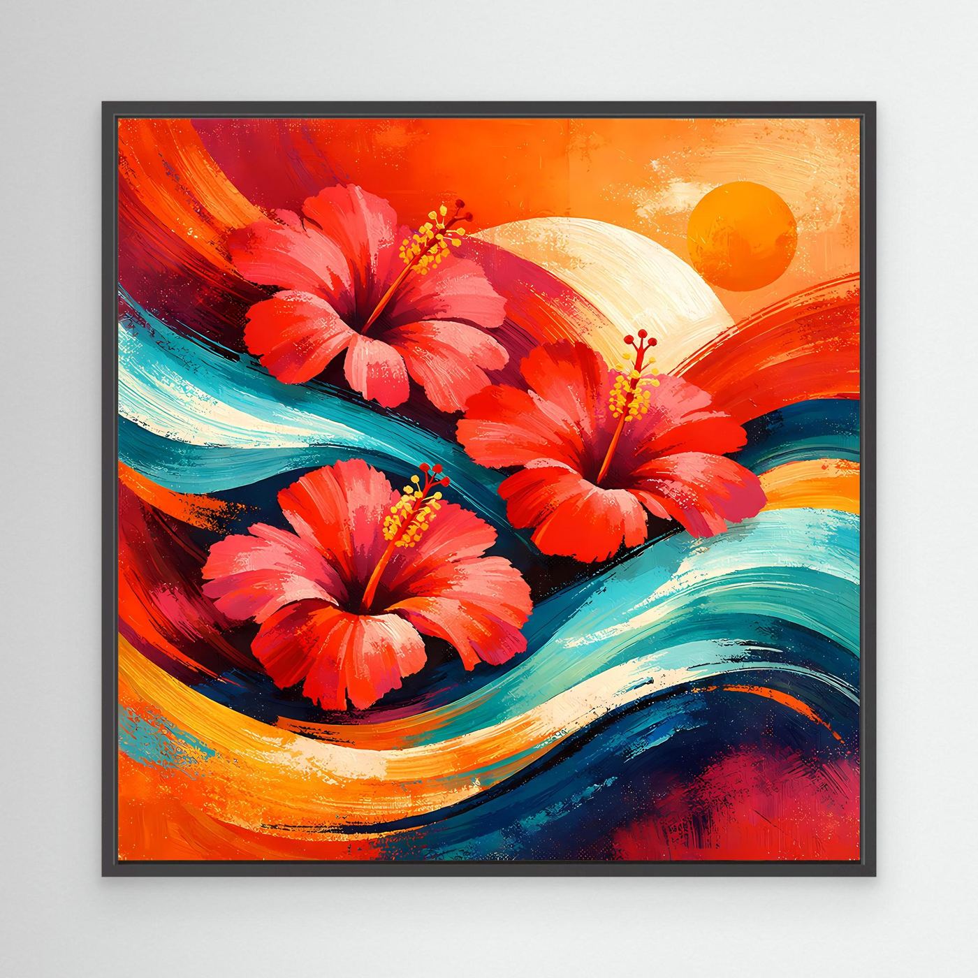 Leinwandbild mit schwarzem Rahmen: rote Hibiskusblüten, türkisfarbene Farbwirbel, Sonnenkreise