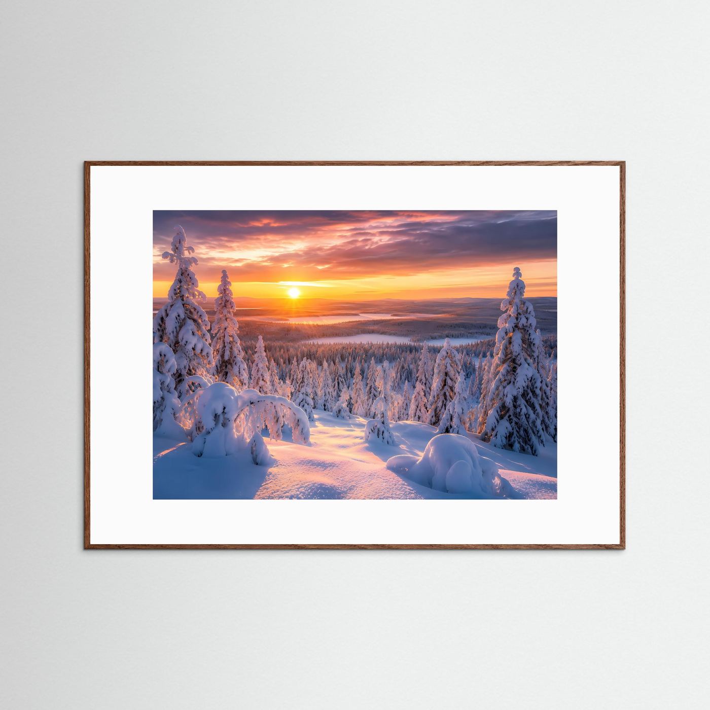 Winterzauber im Sonnenuntergang | Verschneite Winterlandschaft Poster Querformat