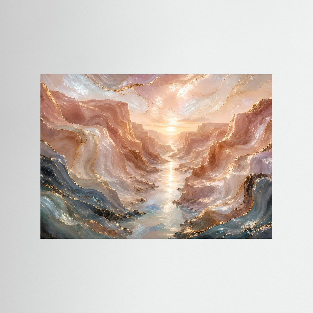 Poster Querformat mit abstrakter Canyonlandschaft und Fluss in Rosé-Perlmutt