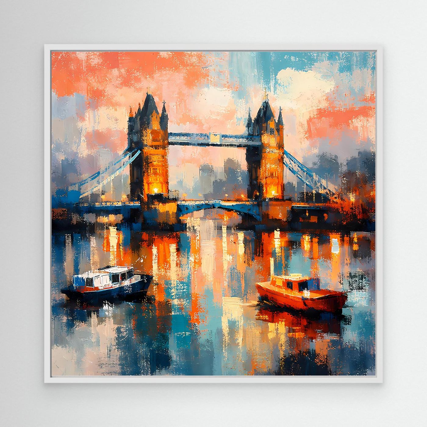 Gerahmtes Leinwandbild mit abstrakter Tower-Bridge bei Nacht, zwei Türme und Schiffsreflexe