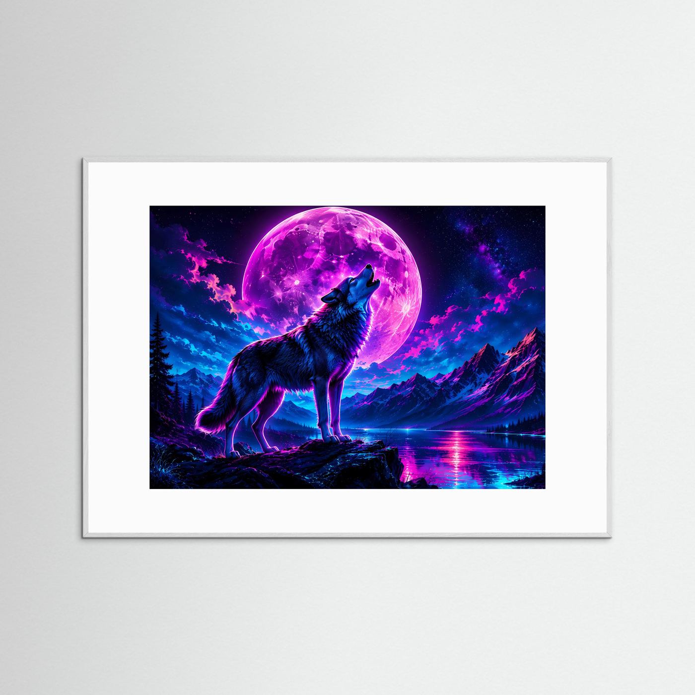 Poster mit Wolf und neonlila Vollmond, reflektierter See, graue Einfassung