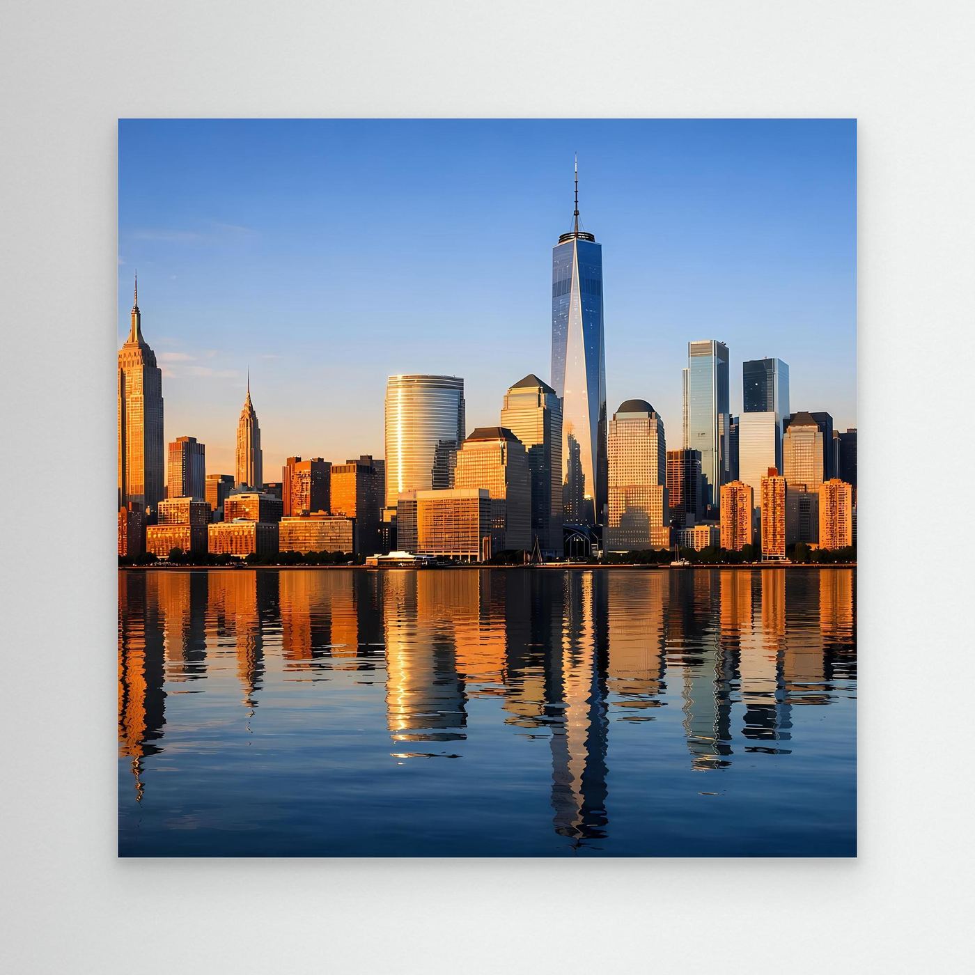 Leinwand-Wandbild mit New-York-Skyline bei Sonnenuntergang und Spiegelung im Wasser