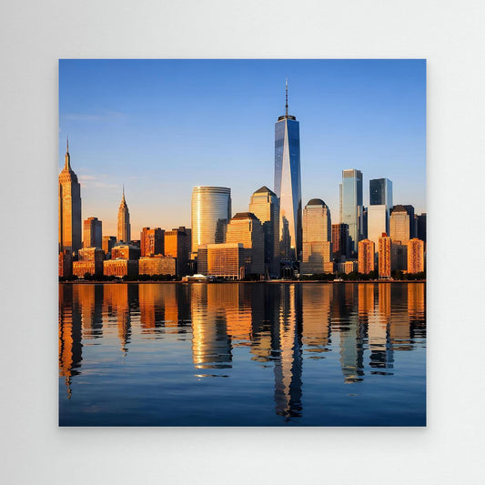 Leinwand-Wandbild mit New-York-Skyline bei Sonnenuntergang und Spiegelung im Wasser