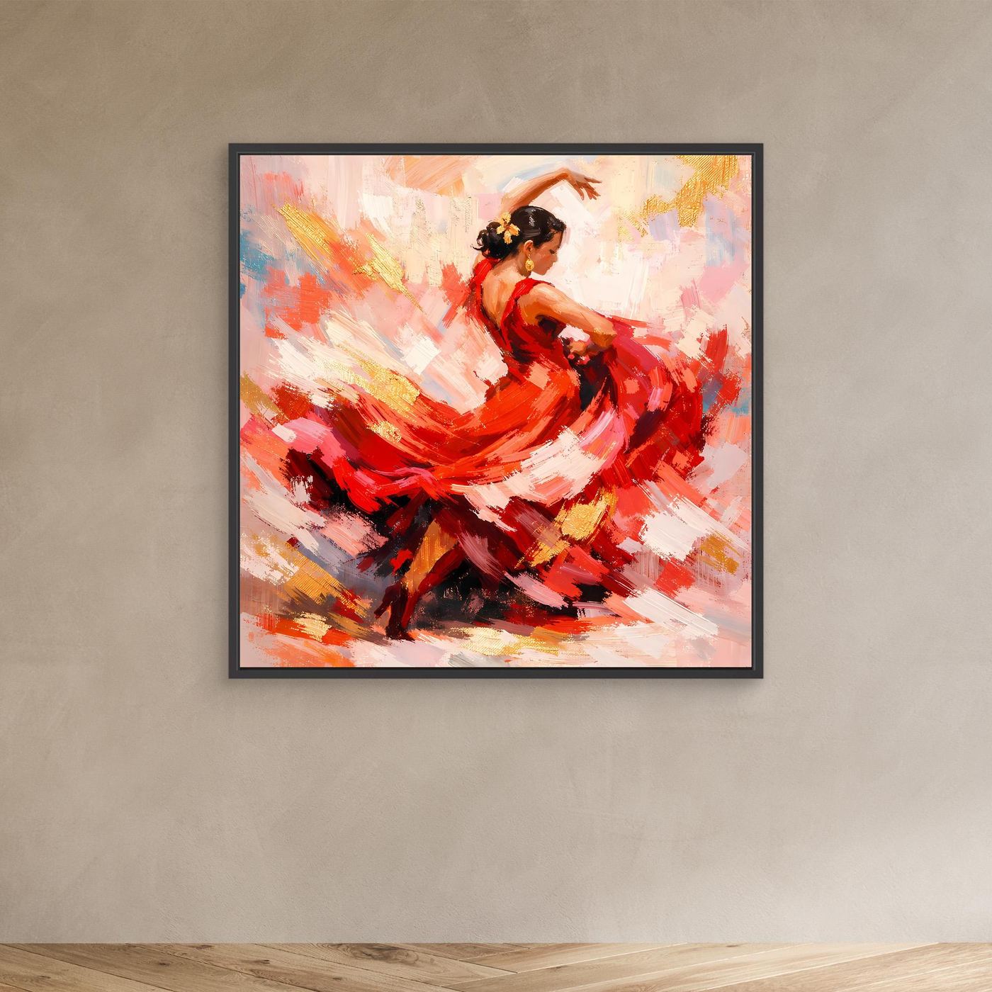 Leinwandbild: Flamenco-Tänzerin im roten Kleid, abstrakt, im schwarzen Rahmen