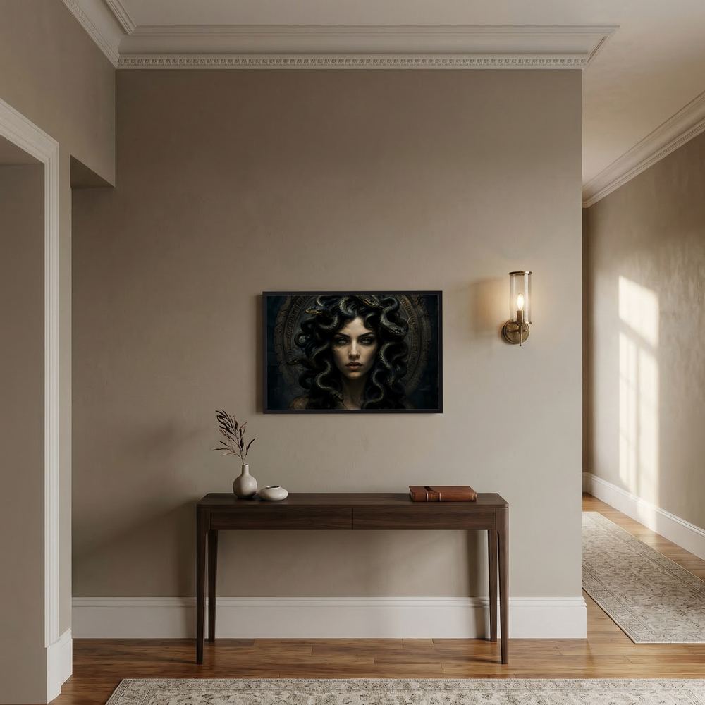 Querformat-Poster mit Medusa-Porträt, schwarze Schlangen, goldene Akzente, dunkel gerahmt