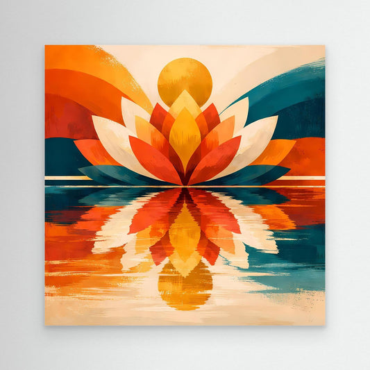 Abstraktes Lotus-Leinwandbild, symmetrisch, orange-rot und türkis