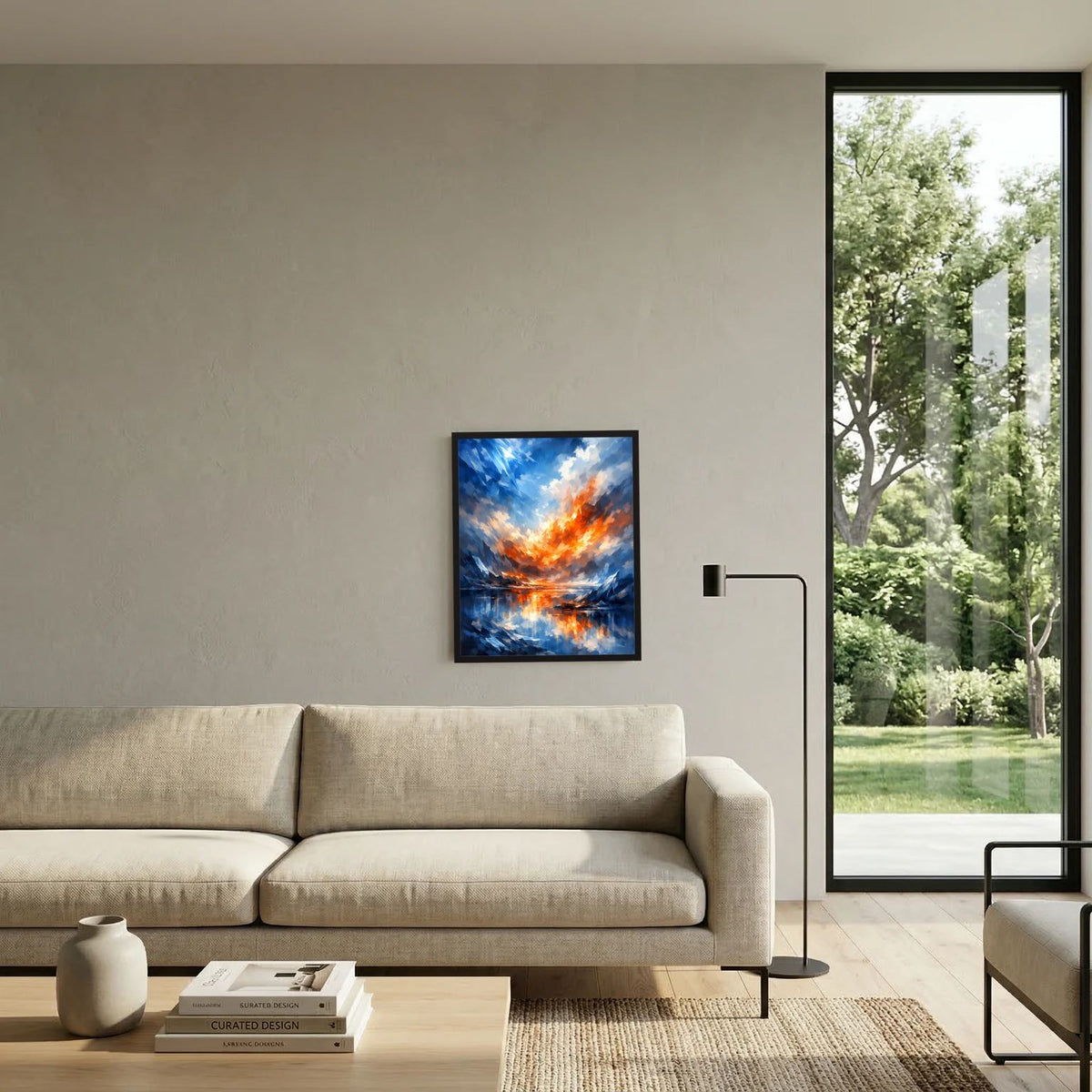 Gerahmtes abstraktes Wandbild mit blauem Himmelsmuster, orangefarbener Flamme und Spiegel