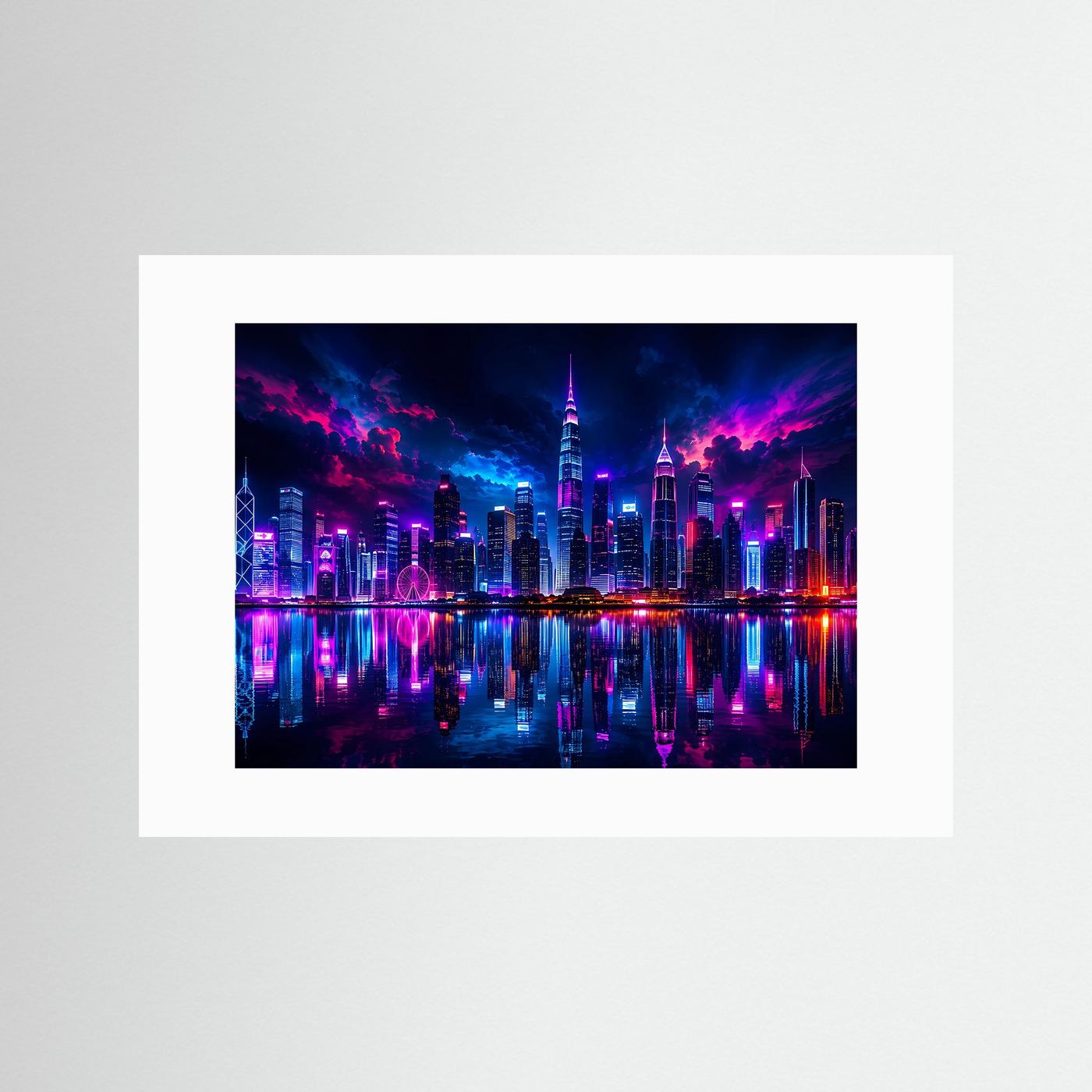 Neon Skyline bei Nacht | Futuristische City Wandbild in Pink & Blau
