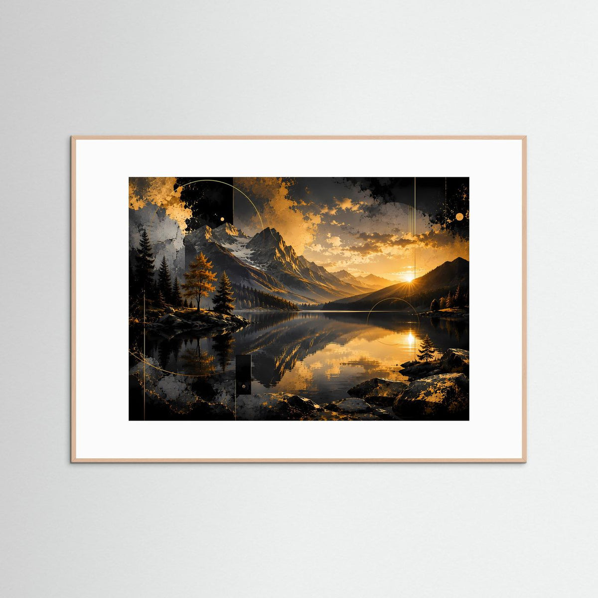Poster im Querformat mit Bergsee bei Sonnenuntergang, schwarze und goldene Landschaft im hellen Holzrahmen