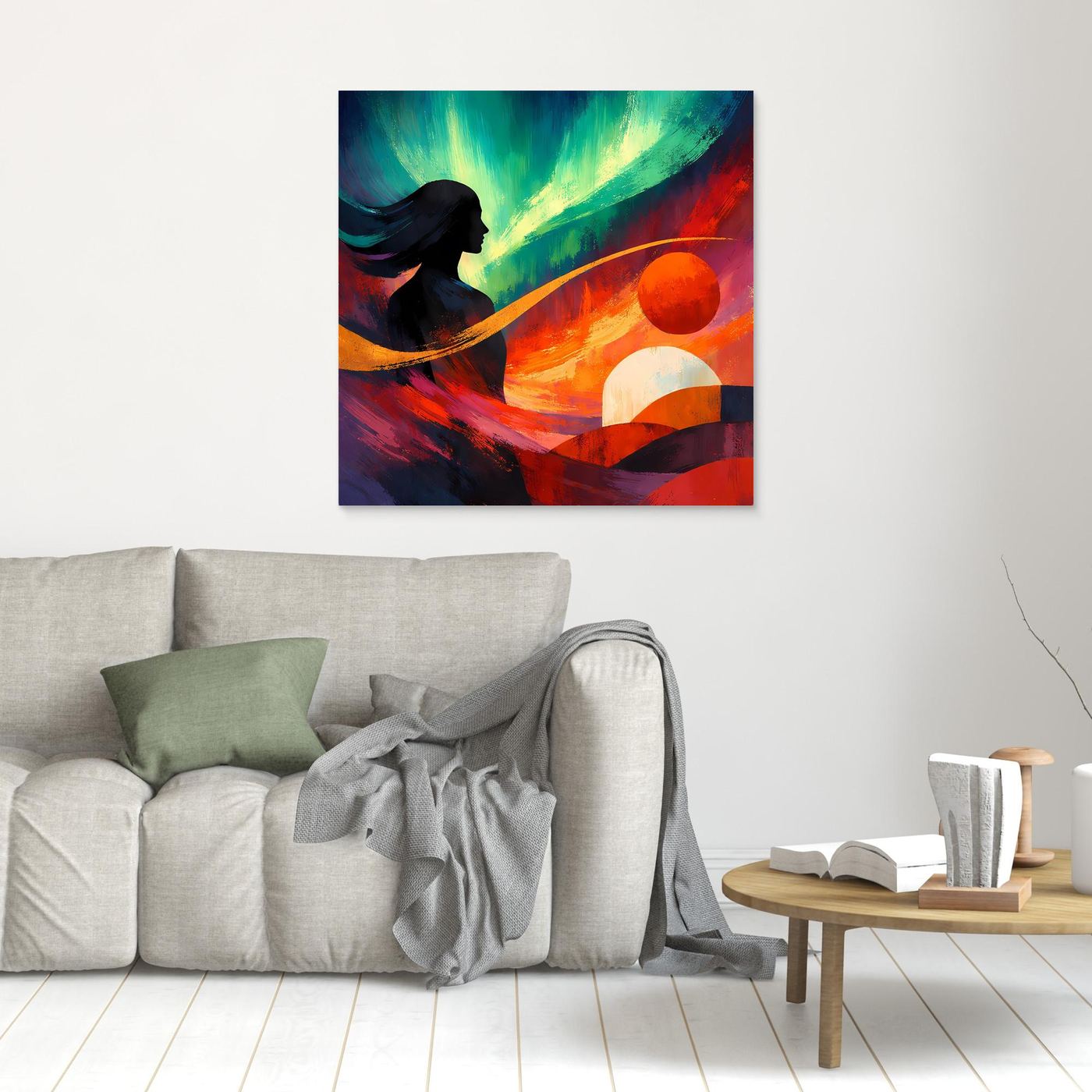 Kleines quadratisches Leinwandbild mit abstraktem Polarlicht, schwarzer Silhouette und bunten Kreisen.