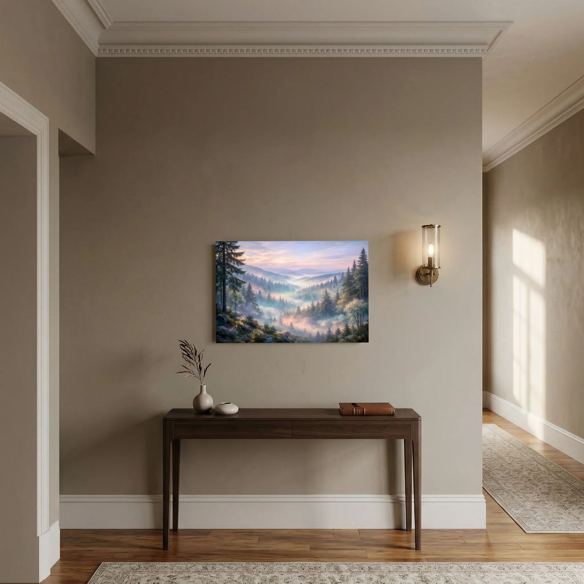 Querformat-Wandbild mit Alpenlandschaft im Nebel auf rechteckiger Bildfläche