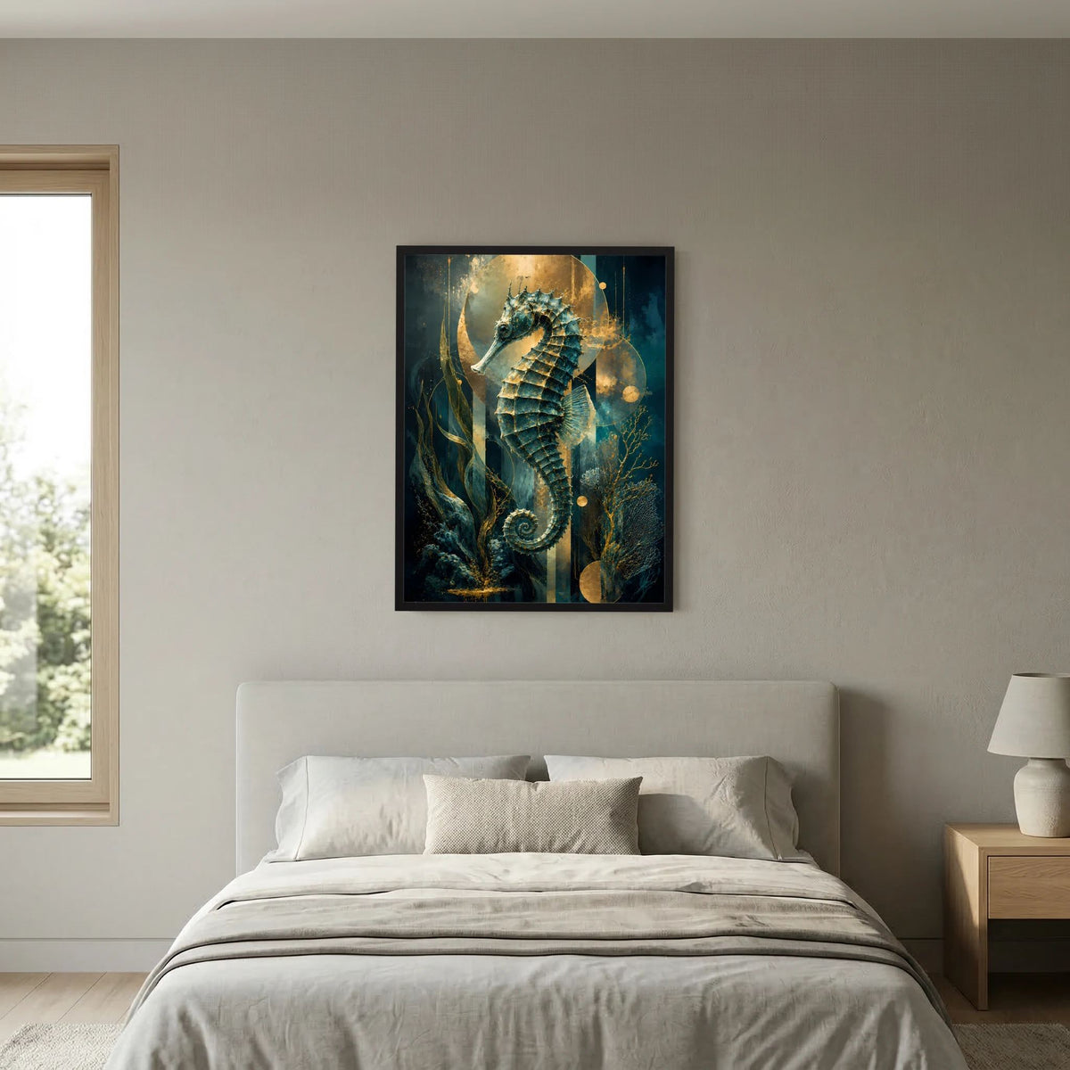 Poster mit Seepferdchen in Petrol und Gold, abstrakte Wellen und Lichtreflexe