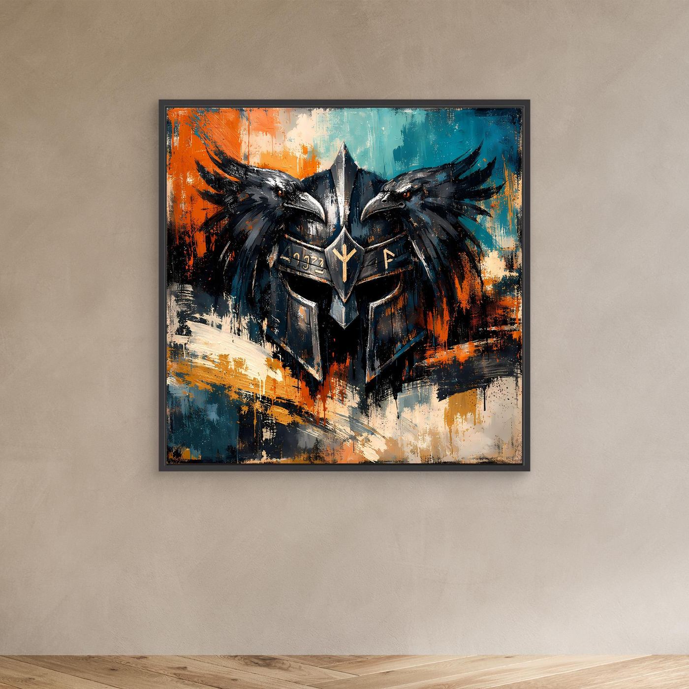 Wikinger-Wandbild mit Odin-Helm und zwei Raben, schwarz gerahmt, abstraktes Farbspiel