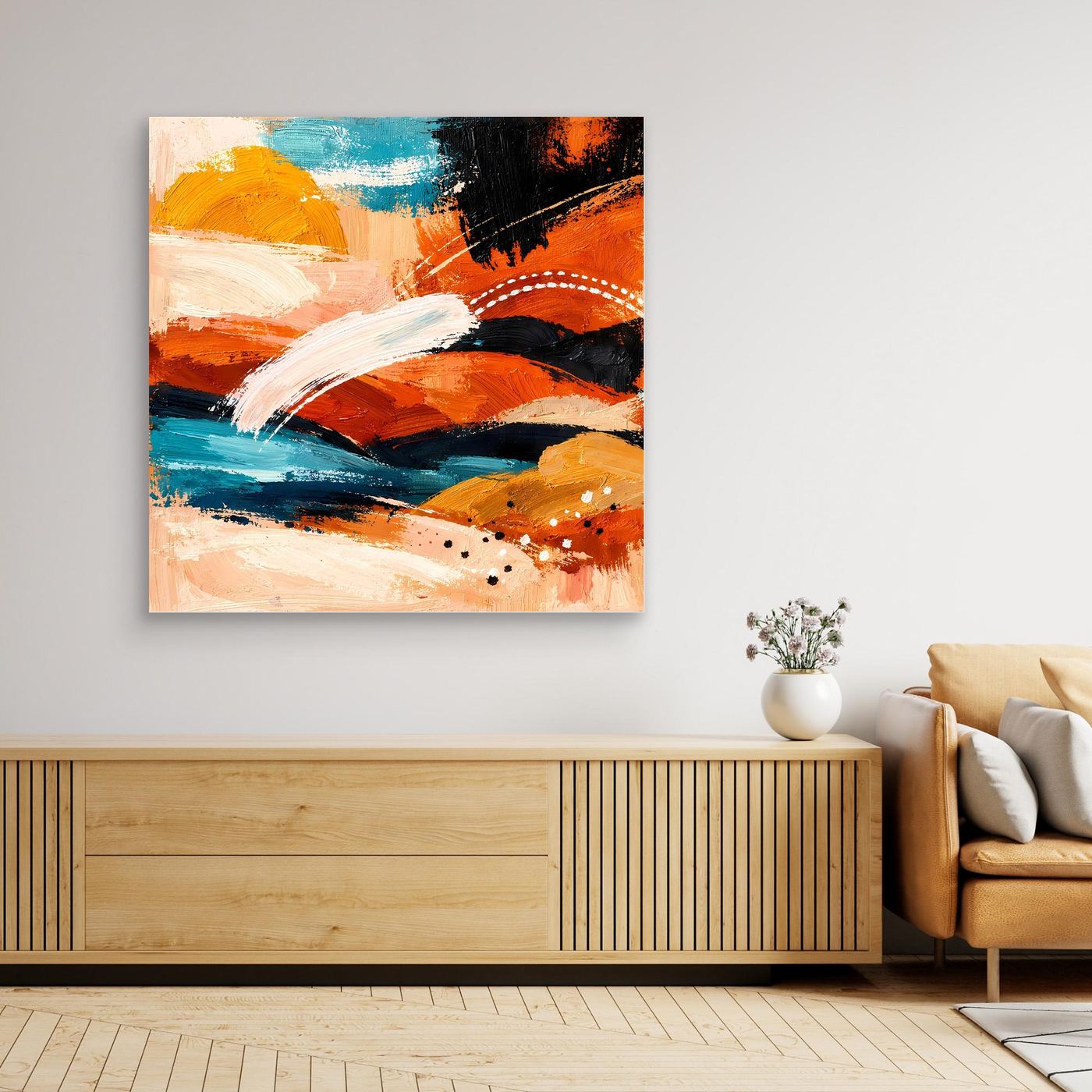 Dark-framed abstract landscape wall art canvas with orange, turquoise, white strokes, and black brush textures