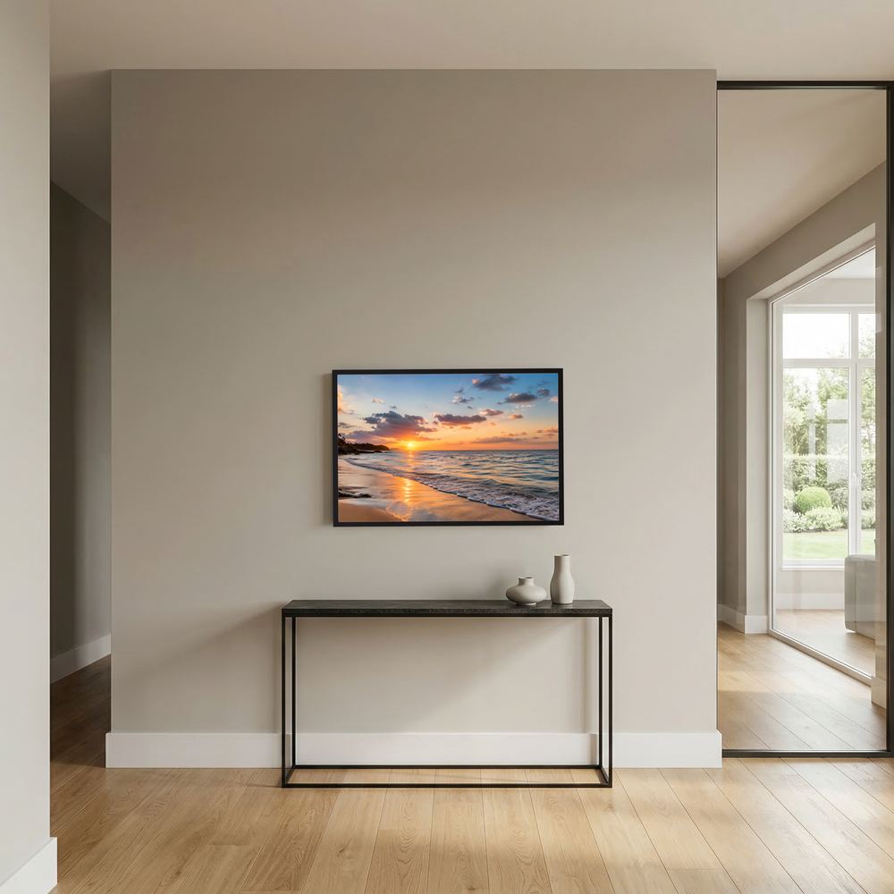 Wandposter Querformat: Strand bei Sonnenuntergang im dunklen Rahmen an der Wandnische