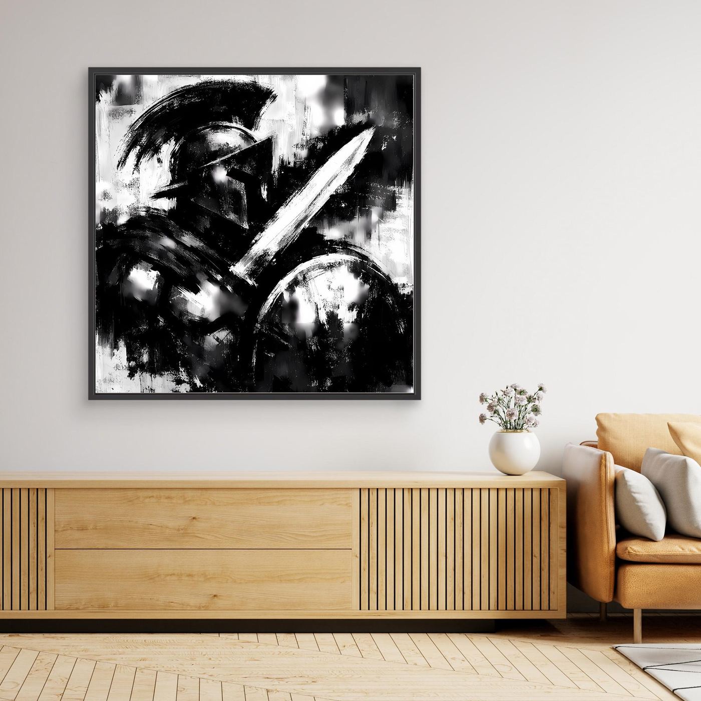 Abstraktes Leinwand-Wandbild mit schwarz-weißem Kriegermotiv, schwarzer Rahmen